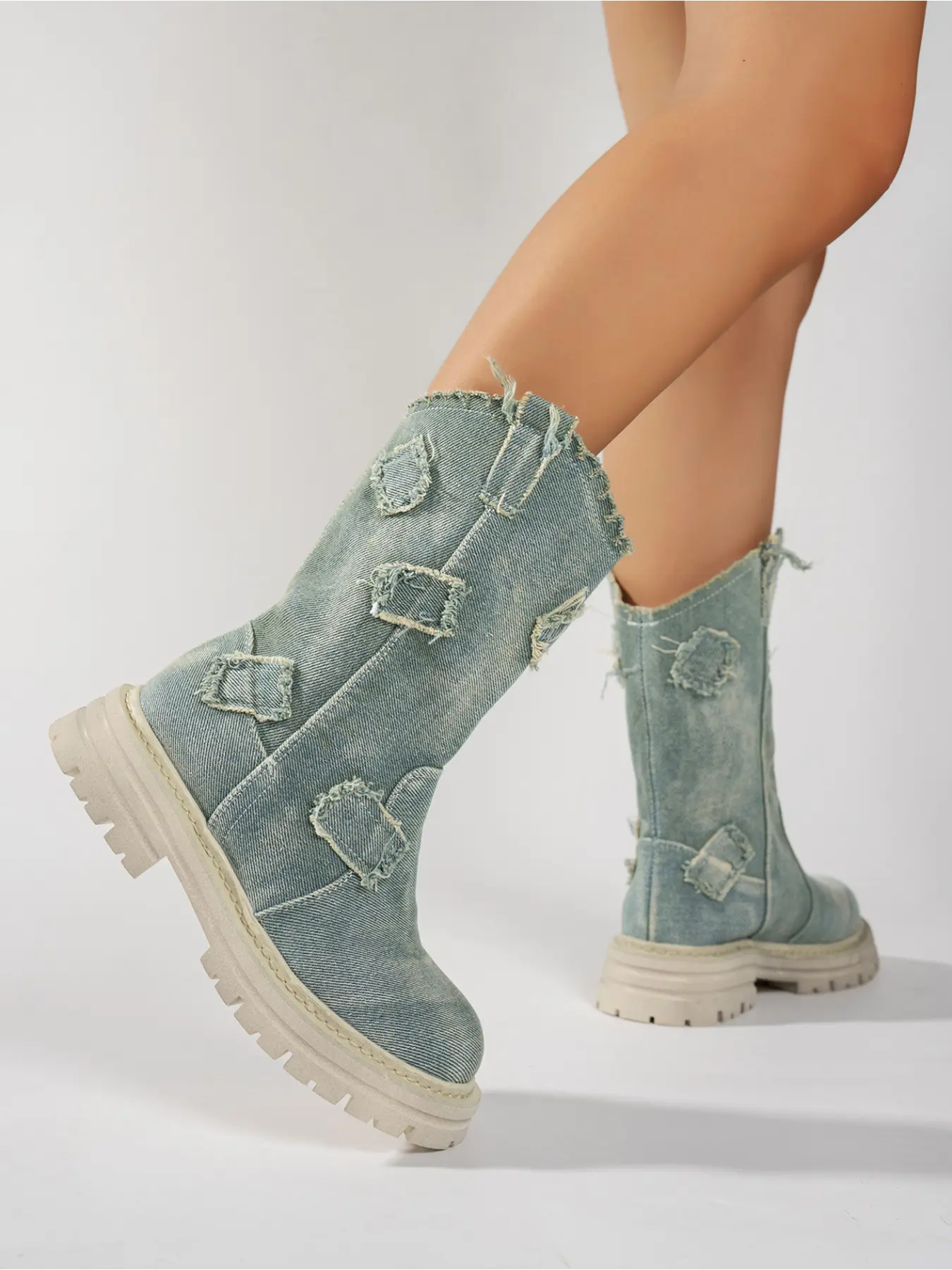 Women's Shoes Distressed Frayed Edge Denim Patchwork Mid Boots Comfort Platform Sole Retro Style Casual Party Nightclub Western Fashion Boots