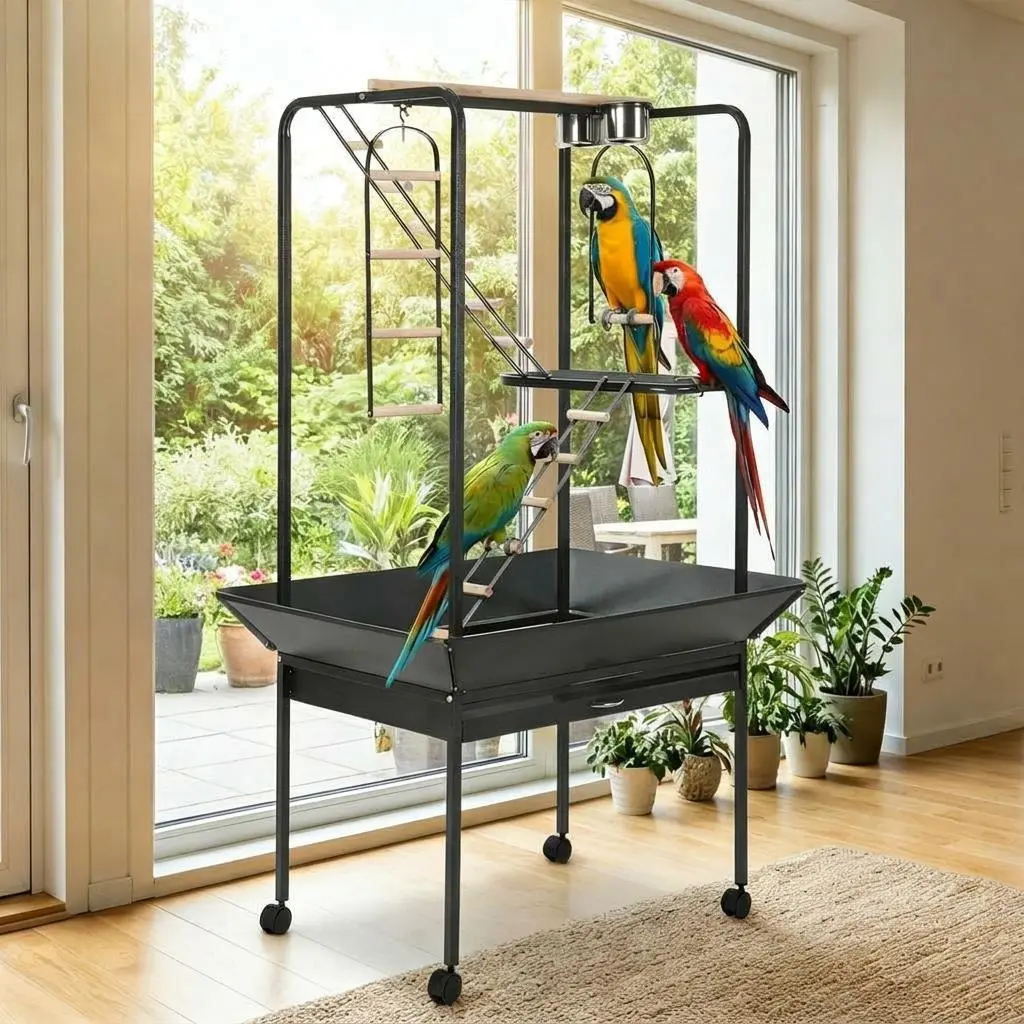 Metal & Steel Large Bird Play Stand - 3 Perch Textures, Angled Ladders, Rotating Ring, Removable Tray & Seed Guard, Lockable Casters for Macaw, Parakeet (Indoor/Outdoor Bird Playground)