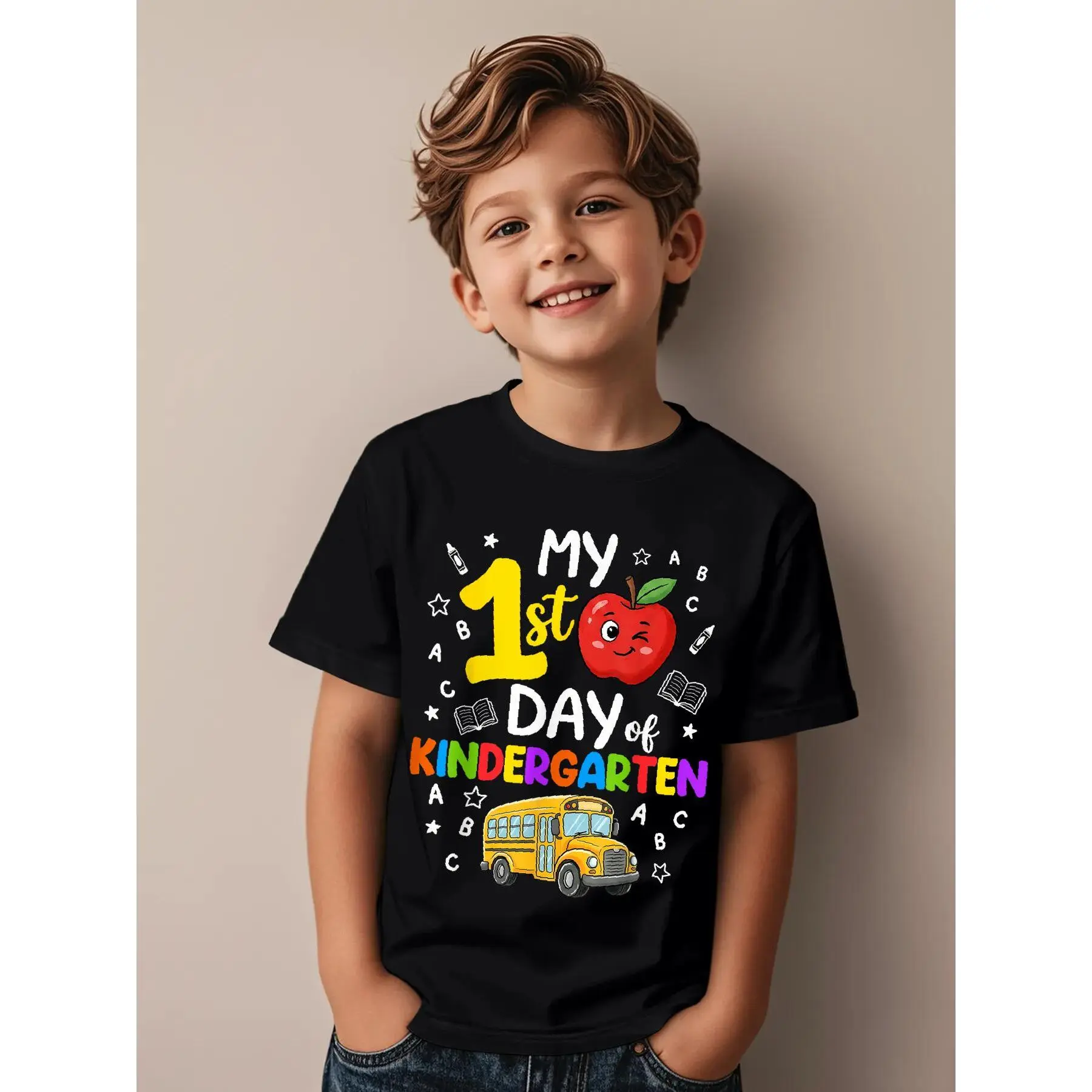 Back to School My First Day of Kindergarten Apple Girls Boys Novelty Aesthetic Graphic Kid T-Shirt Popular Kid T Shirts Street Style Tops Tees for Kid