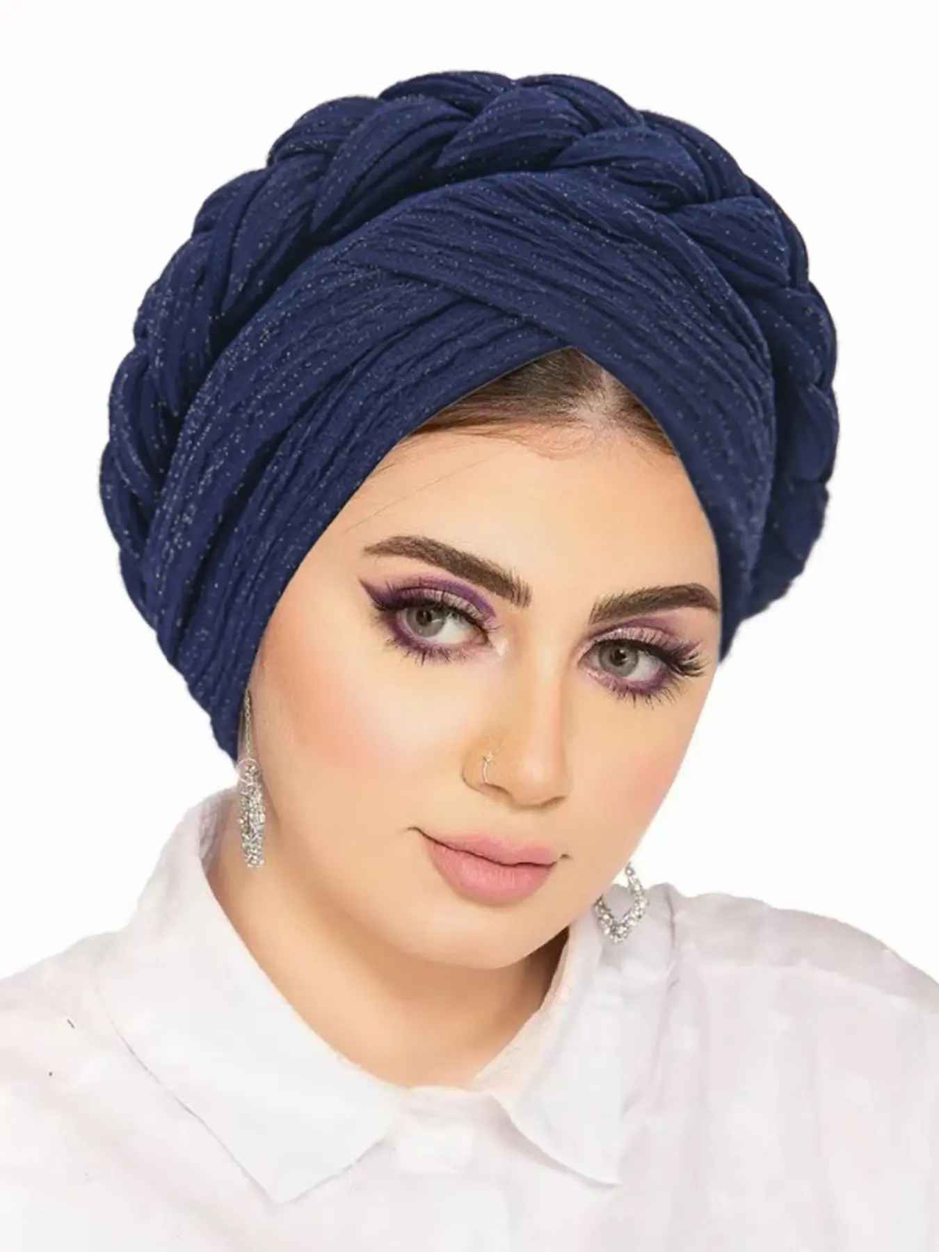 Vintage Shiny Braided Turban Hat, Elastic Ribbed Muslim Hijab Cap, Women Beanie Head Cover for Daily Wear, Outdoor, Prayer & Ramadan