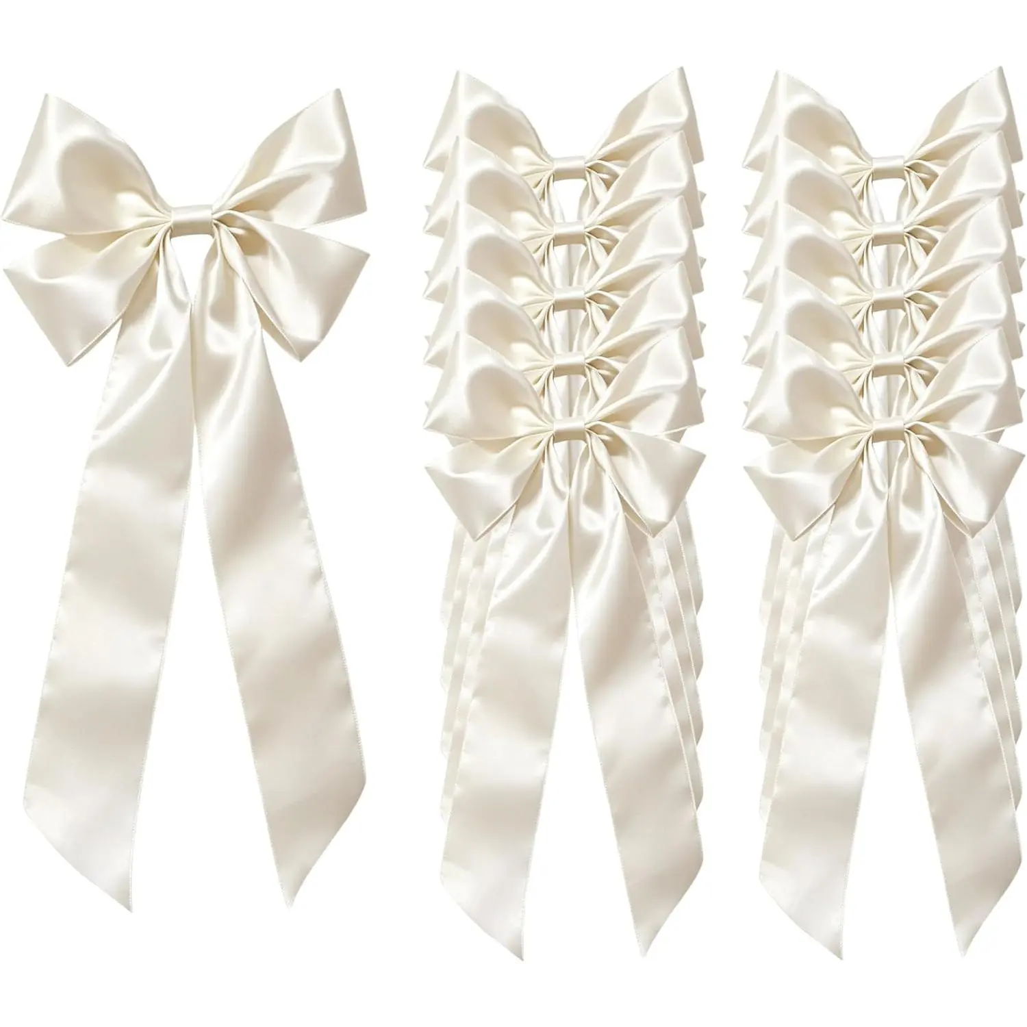 Songye Pre-Tied Wired Satin Bows with Built-in Zip Ties,10 Pack 12*36 Inch Large Decorative Bows,Pre-Made Big Ribbon Bow for Wedding Church Pew,Chair Back,Welcome Sign & Party Event Decor (Ivory)