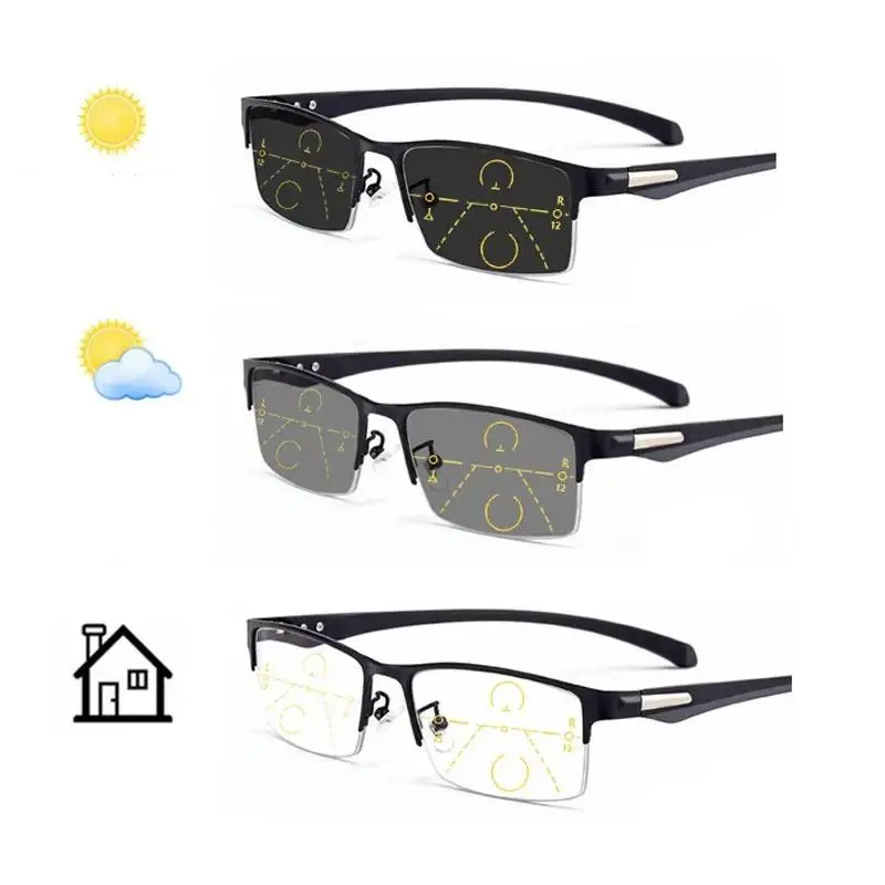 Unisex Progressive Reading Glasses, Lightweight Half-Rim Sports Frame with Photochromic Blue Light Blocking Anti-Glare UV Lenses for Computer & Driving, Eyeglasses, Eye Care