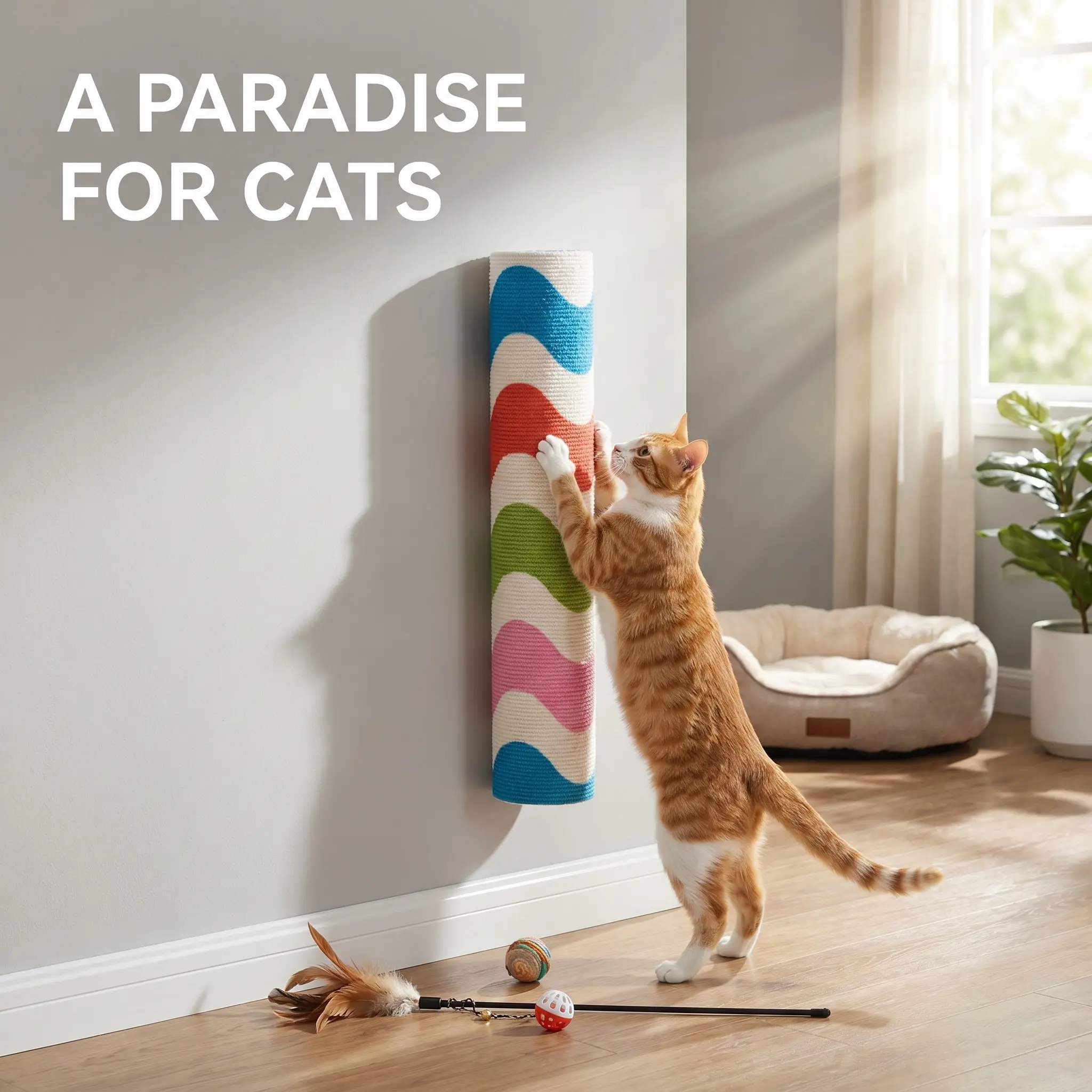 Self-Adhesive Cat Scratching Post, Thick Durable Material, Adjustable for Sofa Door Frame Wall Corner, Rainbow Stripes, No Drilling Needed