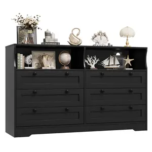 Modern 6 Drawer Dresser with RGB LED Lights & Charging Station – 55" Wide Wooden Entryway Storage Cabinet – Large Chest for Bedroom, Living Room, TV Stand