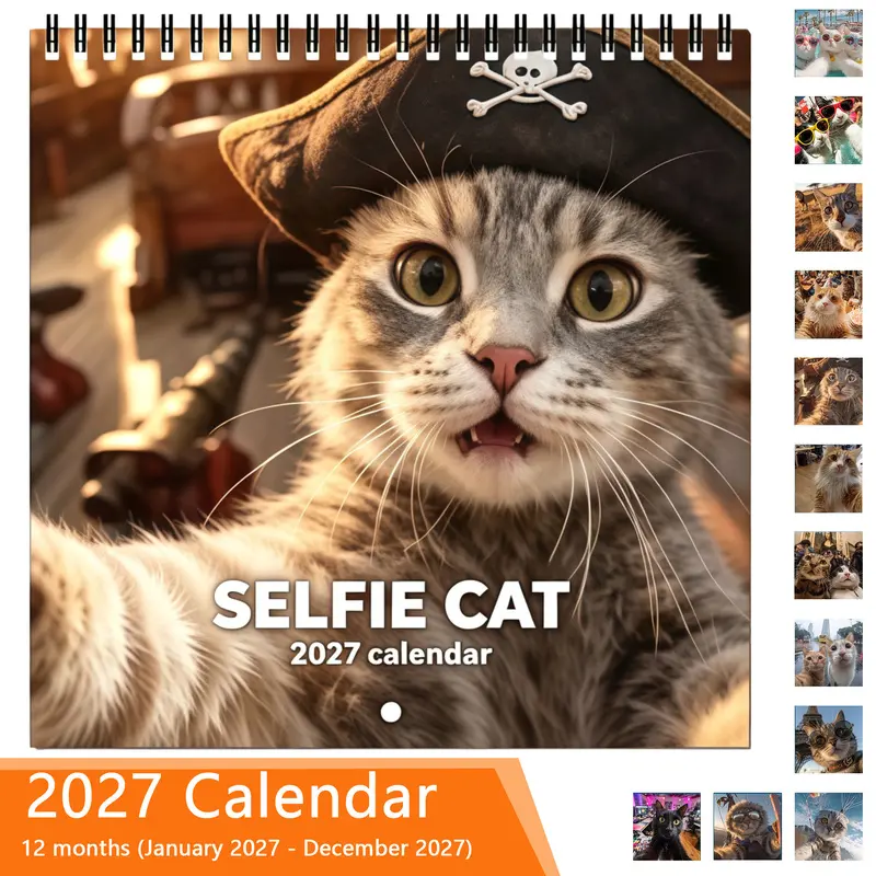 2027 Calendar Planner - Cute Cat Selfie Design, 12-month layout (January to December), suitable for home and office use, a cute and interesting aesthetic style calendar