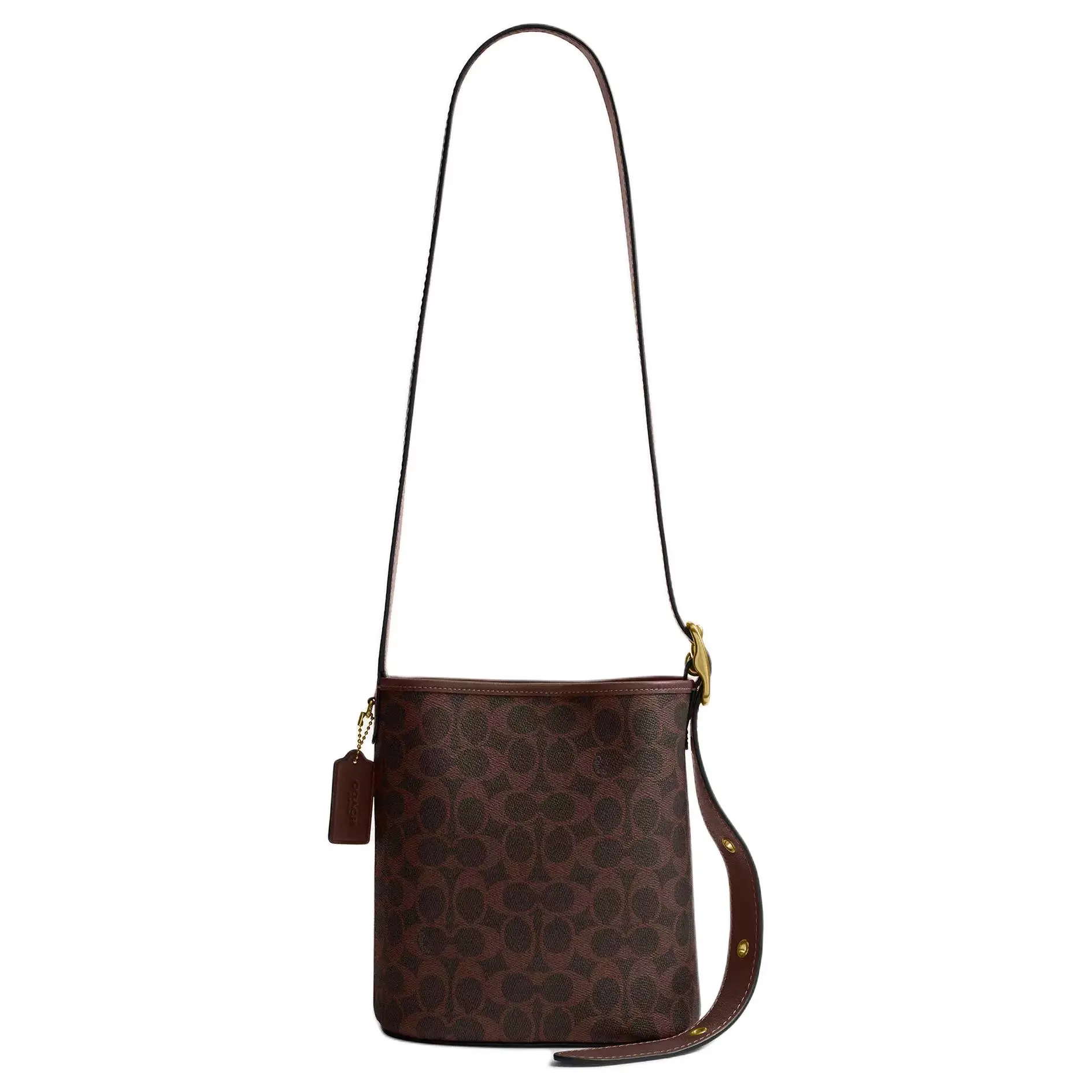 Coach Bleecker 21 Detachable Zip Pouch Bucket Bag for Women – Signature Coated Canvas and Natural Grain Leather, Brass and Brown