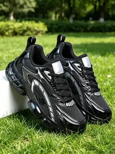 Men's Thick Sole Sporty Sneakers, PU Leather Colorblock Design, Soft Shock Absorption, All-Season Wear, Ideal for Casual & Fitness