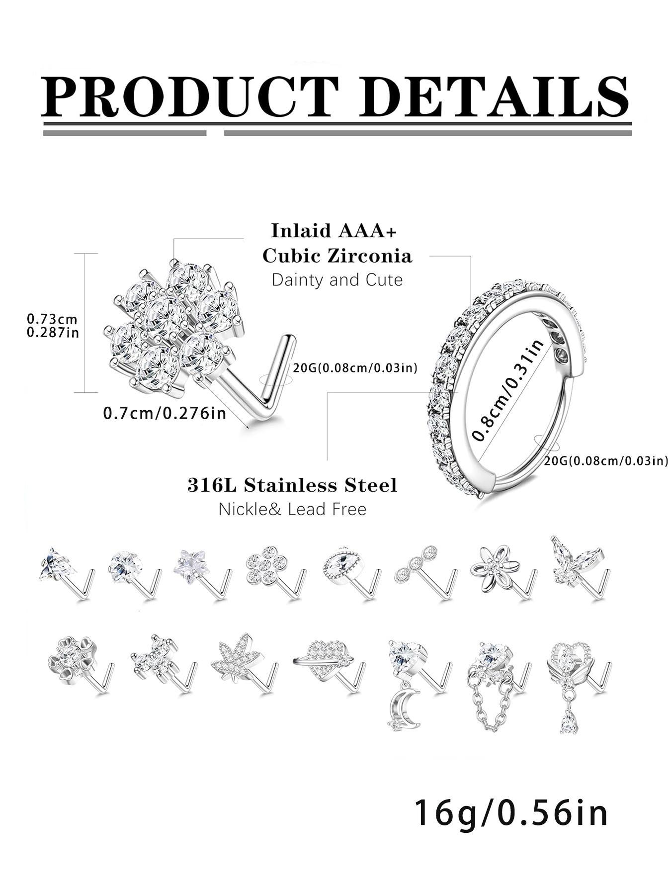 L Shaped Nose Ring, Stainless Steel Nose Studs Ring, Dangle CZ Butterfly Flower Nose Studs Hoops Piercings Jewelry Gift for Women Men, Nose Piercings Kit