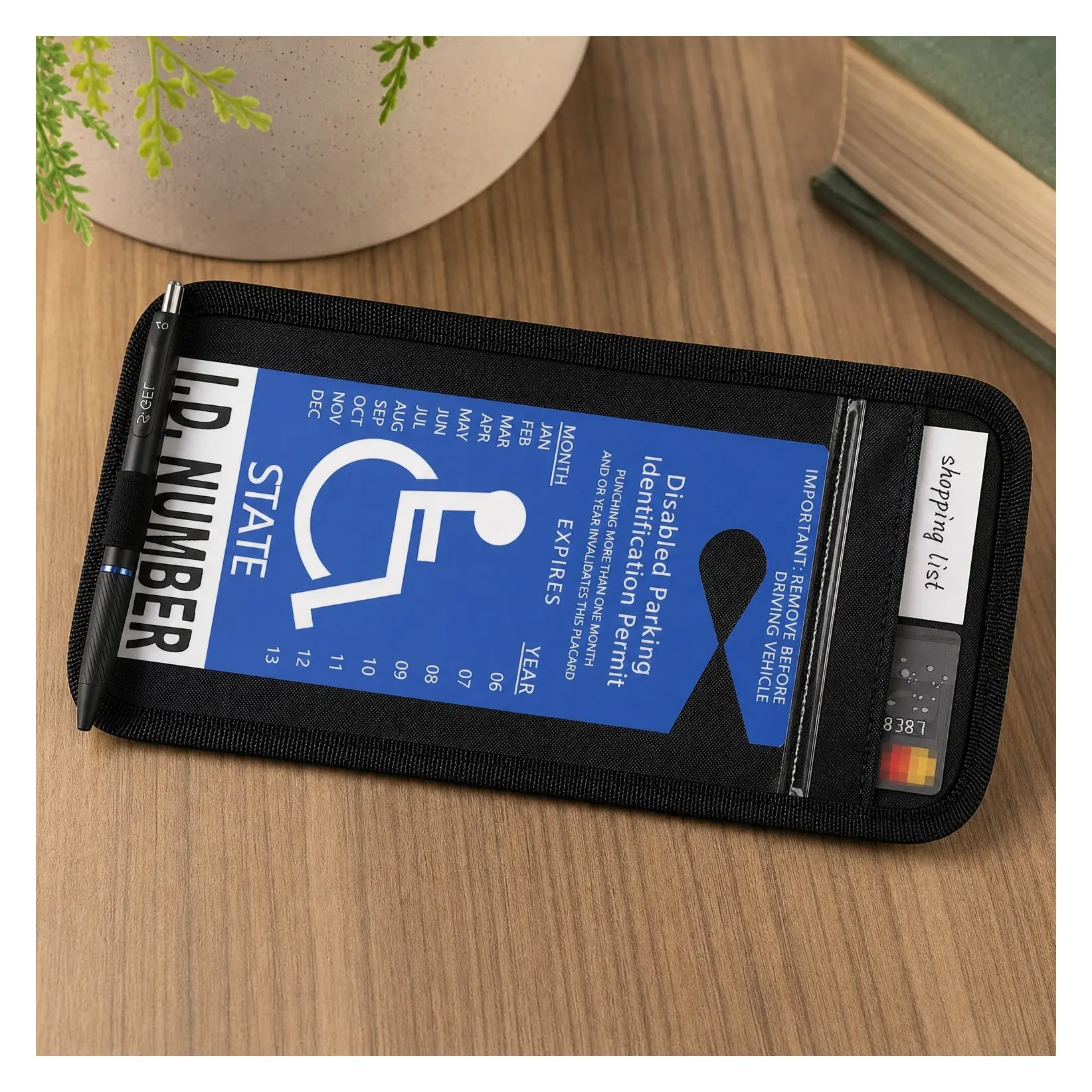 Handicap Placard Holder for Auto Visor - Black, 1 Pack - with Pen Holder, Note Paper Slot and Elastic StrapGift