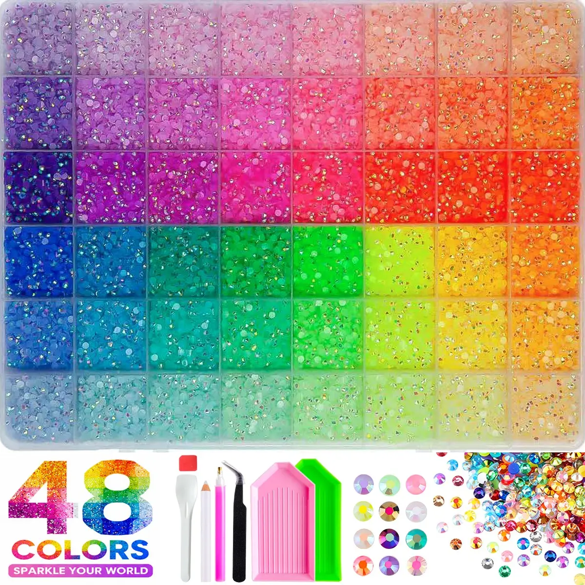 1Box 48 Rainbow Colors Shining Semi-circular Nail Rhinestones Bedazzling Kit AB Gitter Resin Crystal Gems Flatback Nail Art Decoration DIY Jewelry Clothing Nail Supplies Storage Box Nail Art Set