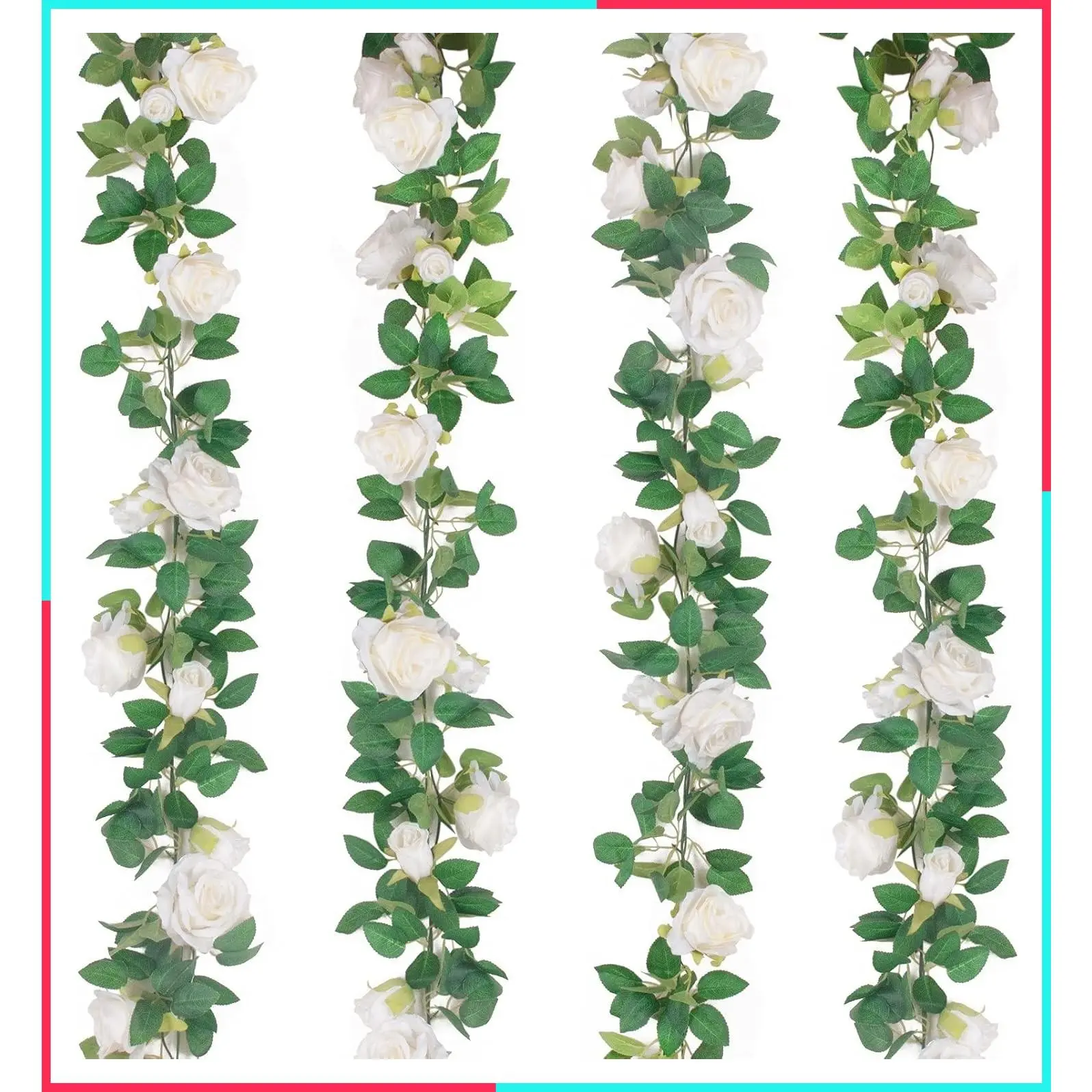 4 Pcs 26 FT Artificial Rose Vine Garland, Fake Silk Rose Hanging Vine for Wedding Party Background Arch Garden Decoration, White