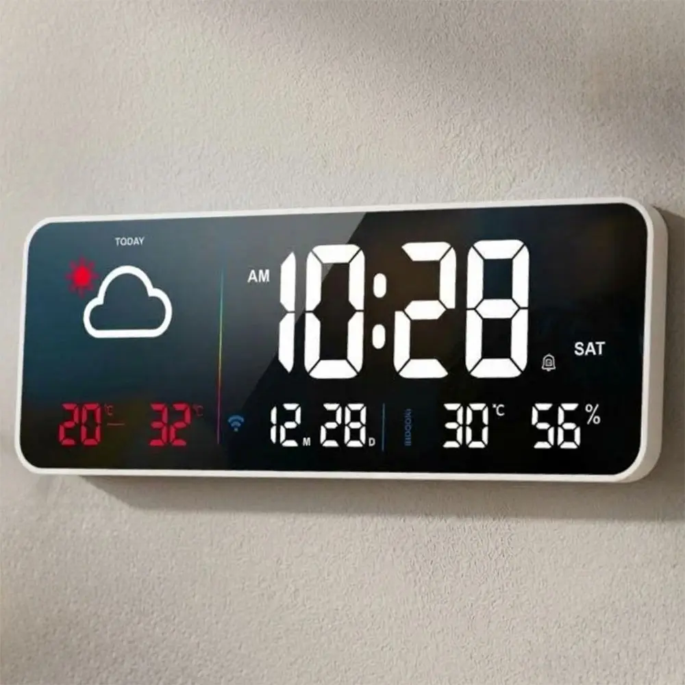 Smart Weather Clock with WiFi APP, Desk Wall Mount, 6 Brightness Levels, Indoor Temp Humidity, 5 Alarms, Date Day Display, HD LED, Night Mode, Dimmable Clock