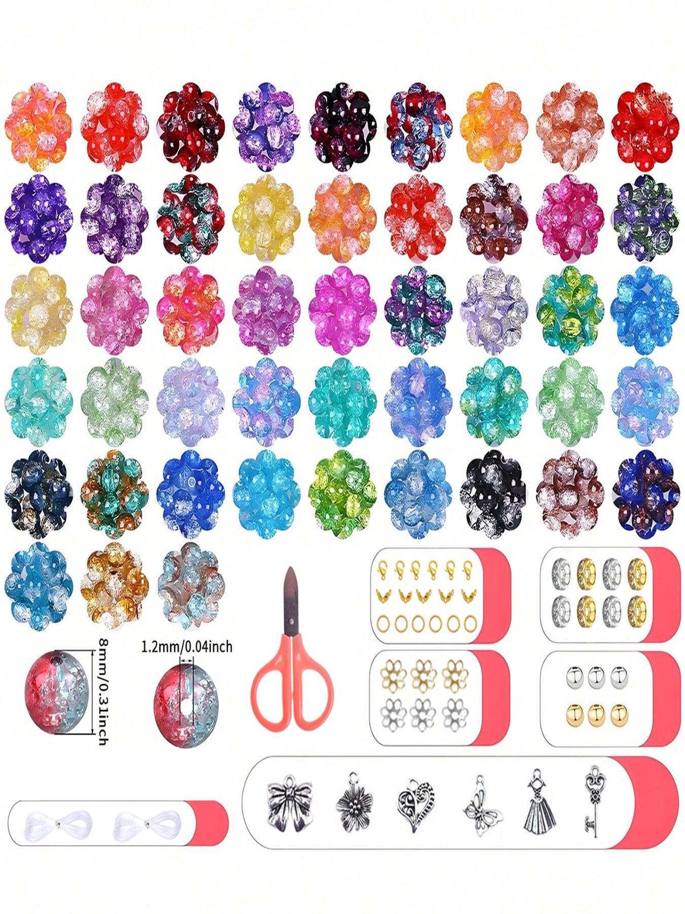 8mm Crackle Premium Glass Beads Bracelet Making Kit, 48 Colors Crystal Glass Beads for Jewelry Making, Round Beads for Bracelets, Bead Assortment