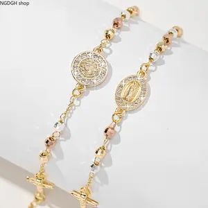 Gold Miraculous Medal Bracelet Women - Faith Protection Virgin Mary CZ Crystal Beaded Chain with Crucifix, Sparkling Adjustable Religious Jewelry, Meaningful Catholic Gift Perfect for Daily Prayer Confirmation & Spiritual Strength