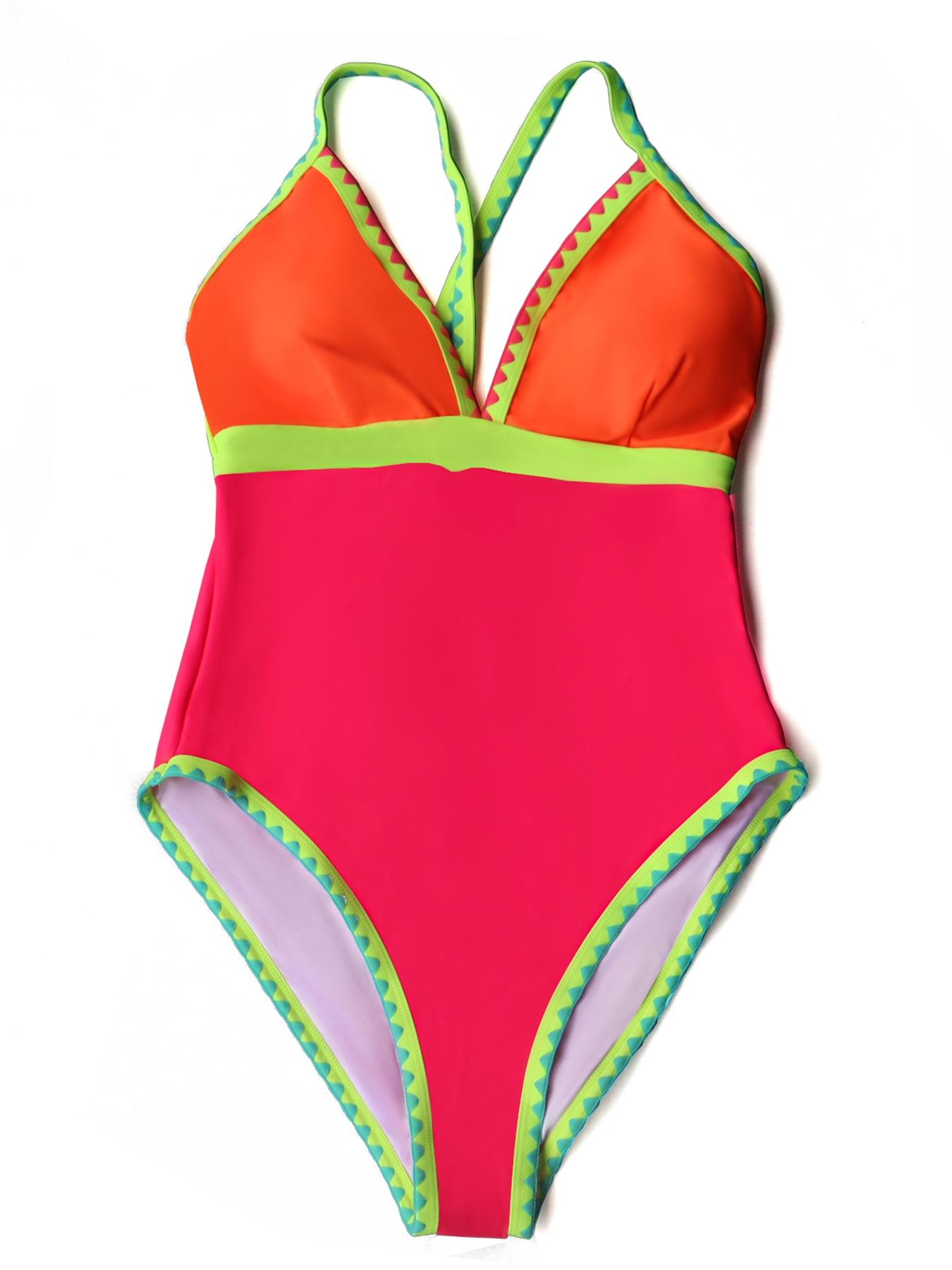 Women's Patchwork Criss Cross Cut Out One-piece Swimsuit, Casual Backless Sleeveless Tie Back Swimwear for Beach Holiday, Ladies Summer Clothes