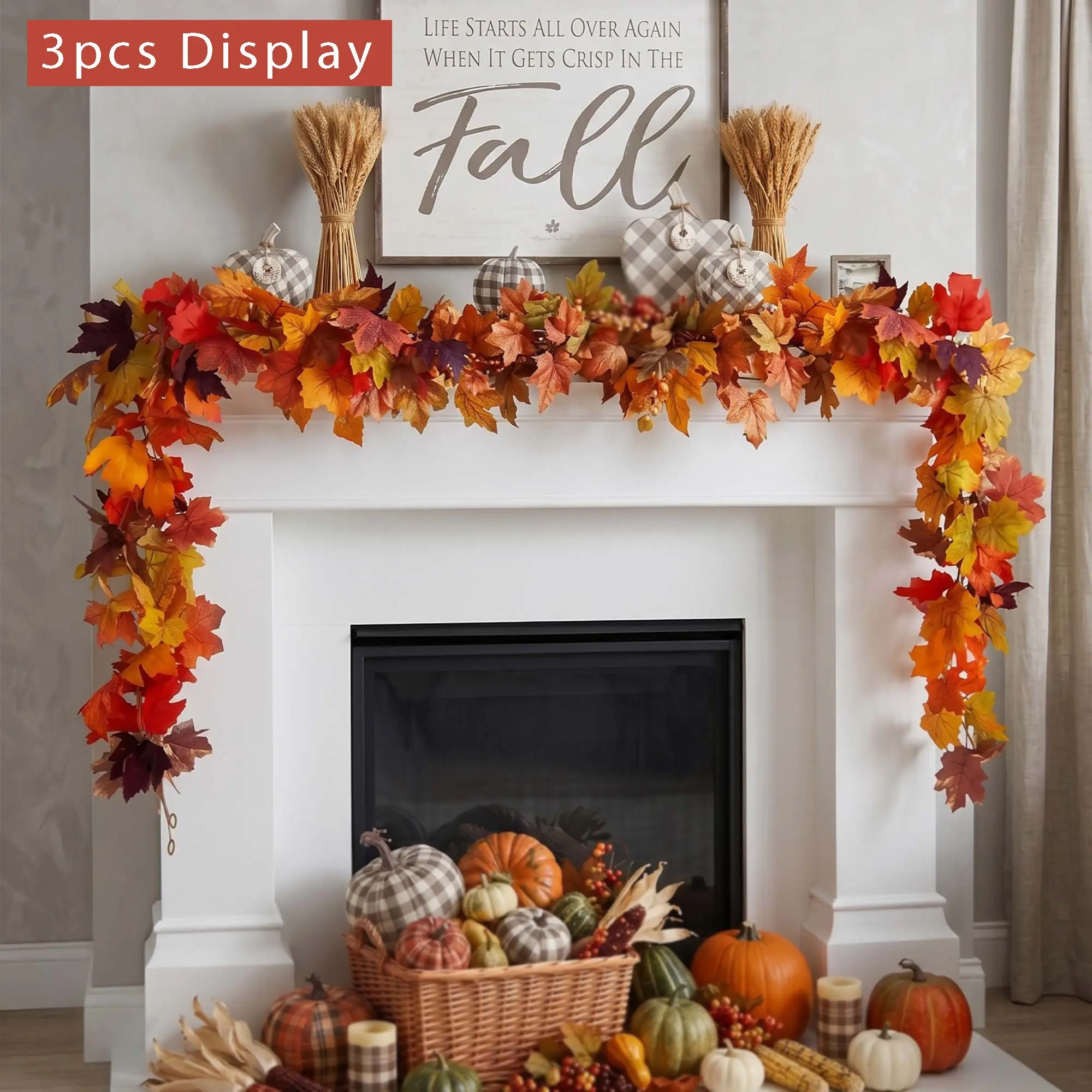 1pcs/2pcs Fall Garland Maple Leaf Hanging Vine Garland Artificial Autumn Foliage Garland Thanksgiving Holiday Decor for Home Wedding Fireplace Party Christmas