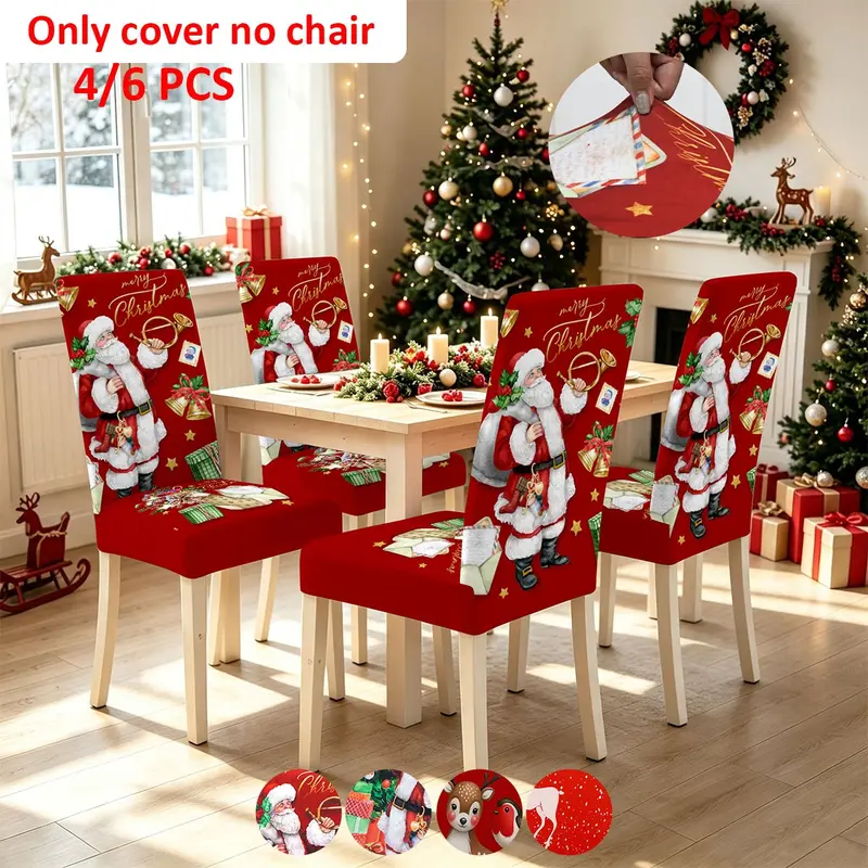Christmas Chair Covers Set, Santa Tree Reindeer Print, 4pcs/6pcs, Stretchable Easy Care, Dining Chair Cover, Christmas Decor, Gift for Home