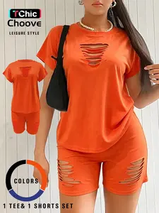 Women's Sexy Hollow Out T-Shirt and Shorts Set, Soft High Stretch Fitted Fabric, Casual Slim Fit, Short Sleeve, Plain Pattern, Two Piece, Matching Outfit, Top, Womenswear