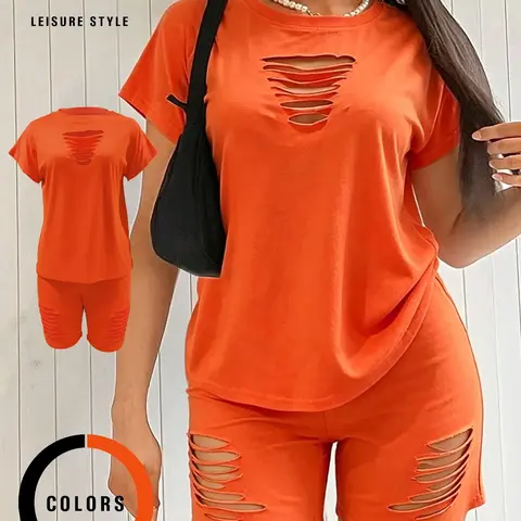 Women's Sexy Hollow Out T-Shirt and Shorts Set, Soft High Stretch Fitted Fabric, Casual Slim Fit, Short Sleeve, Plain Pattern, Two Piece, Matching Outfit, Top, Womenswear, Clothes, Tops Shorts Set
