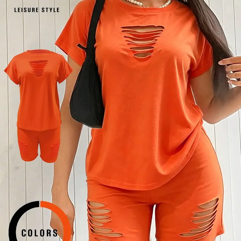 Women's Sexy Hollow Out T-Shirt and Shorts Set, Soft High Stretch Fitted Fabric, Casual Slim Fit, Short Sleeve, Plain Pattern, Two Piece, Matching Outfit, Top, Womenswear, Clothes, Tops Shorts Set