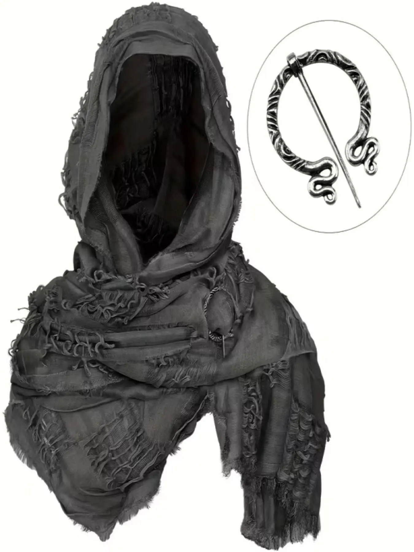 2-Piece Apocalypse Ripped Scarf Cape with Pin, Medieval Renaissance Viking Style Vintage Cloak, Halloween Cosplay Costume Accessory, Perfect Gift
