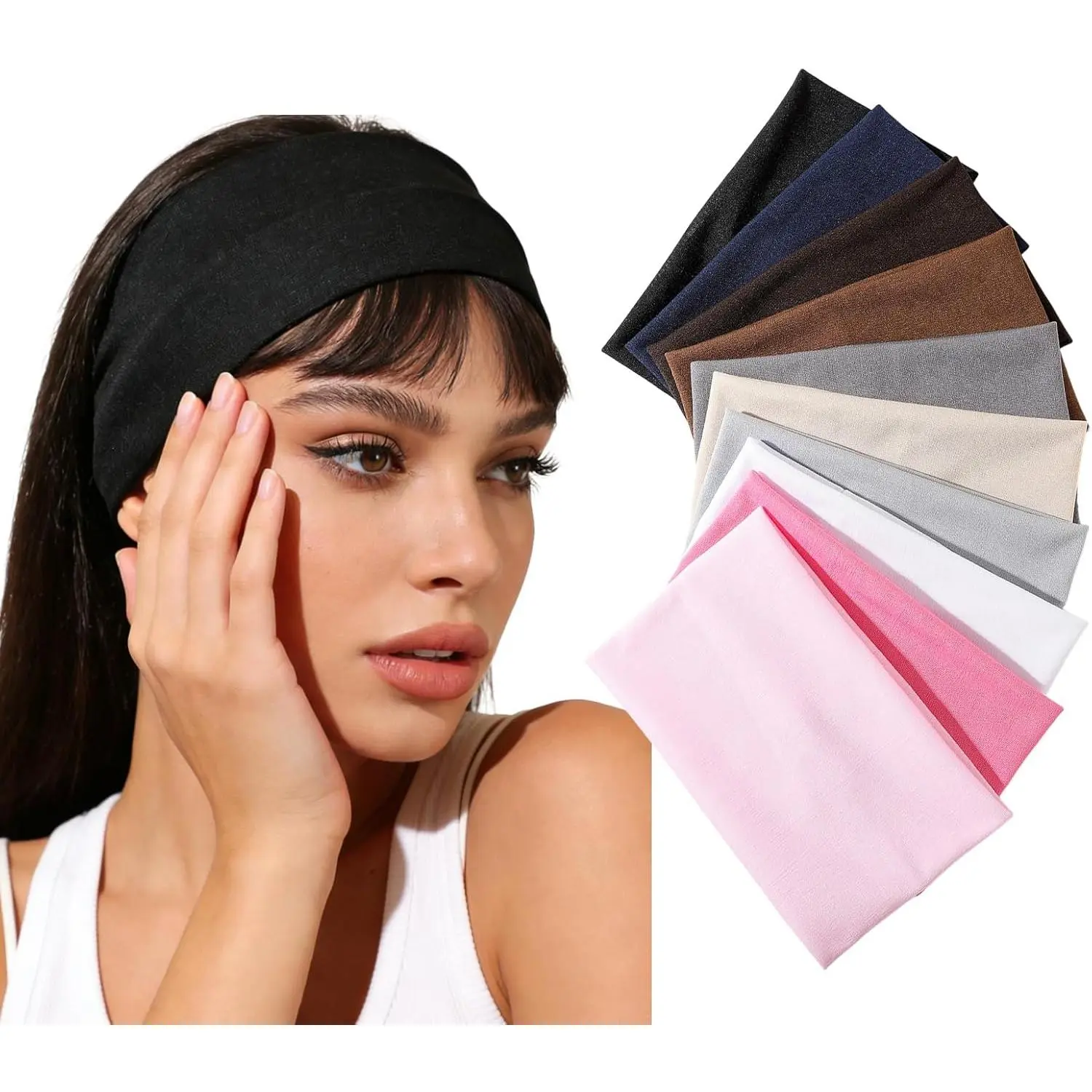 Wide  Headbands for Women, 10 Pack,  Absorbent, Quick Dry, Non-Slip, Breathable Fitness Hair Bands Hair Accessory