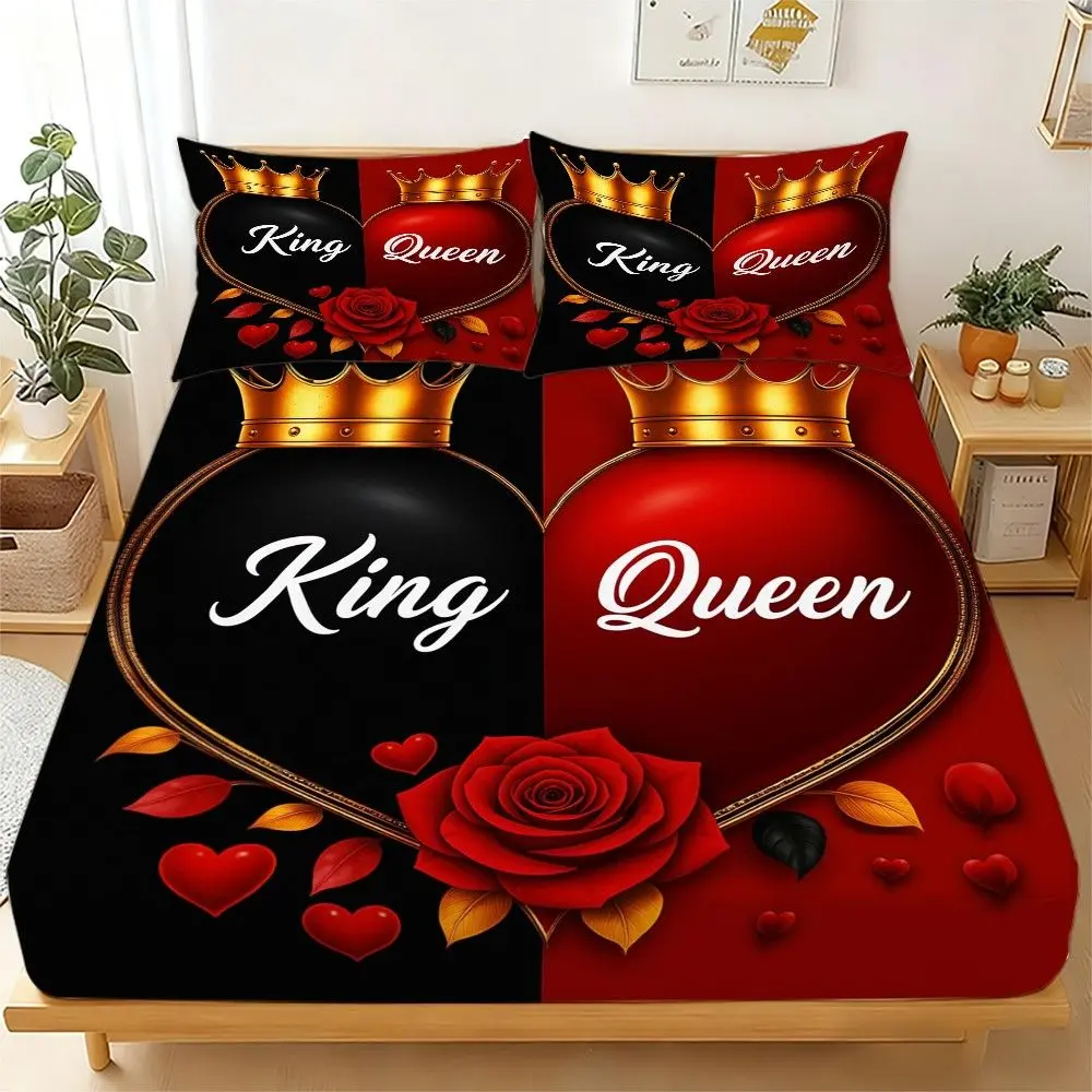 3Pcs Black & Red Heart Crown 2D Print Fitted Sheet Set (1 Fitted Sheet + 2 Pillowcases, No Core), Soft Comfortable Stylish Mattress Protector, All Season Use for Home & Guest Bedrooms