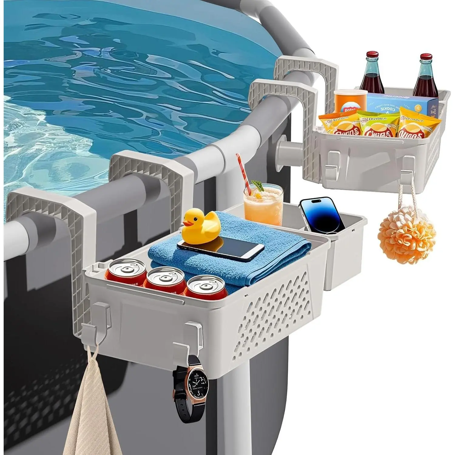 Poolside Storage Basket 2 Pack - Above Ground Pool Accessories, Swimming Pool Storage Baskets with Cup Holders,Fits 3” or Smaller Top Rails,Versatile Organizer for Pool Toys,Towels,Beverages (Beige)