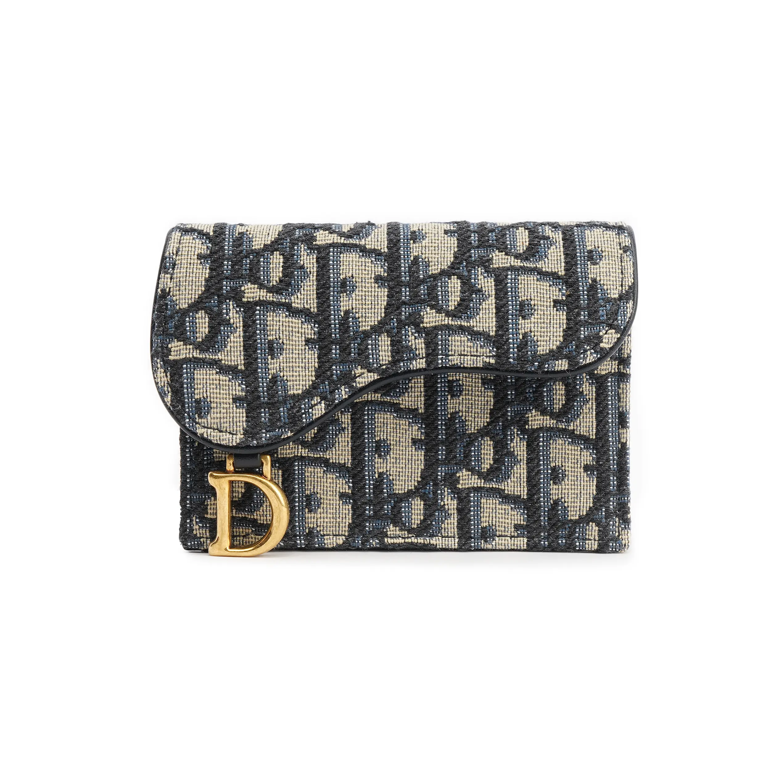 Dior Saddle Bag with Monogram Embroidery, Flap Closure, Small Size, Women's Denim Blue Cotton Cardholder
