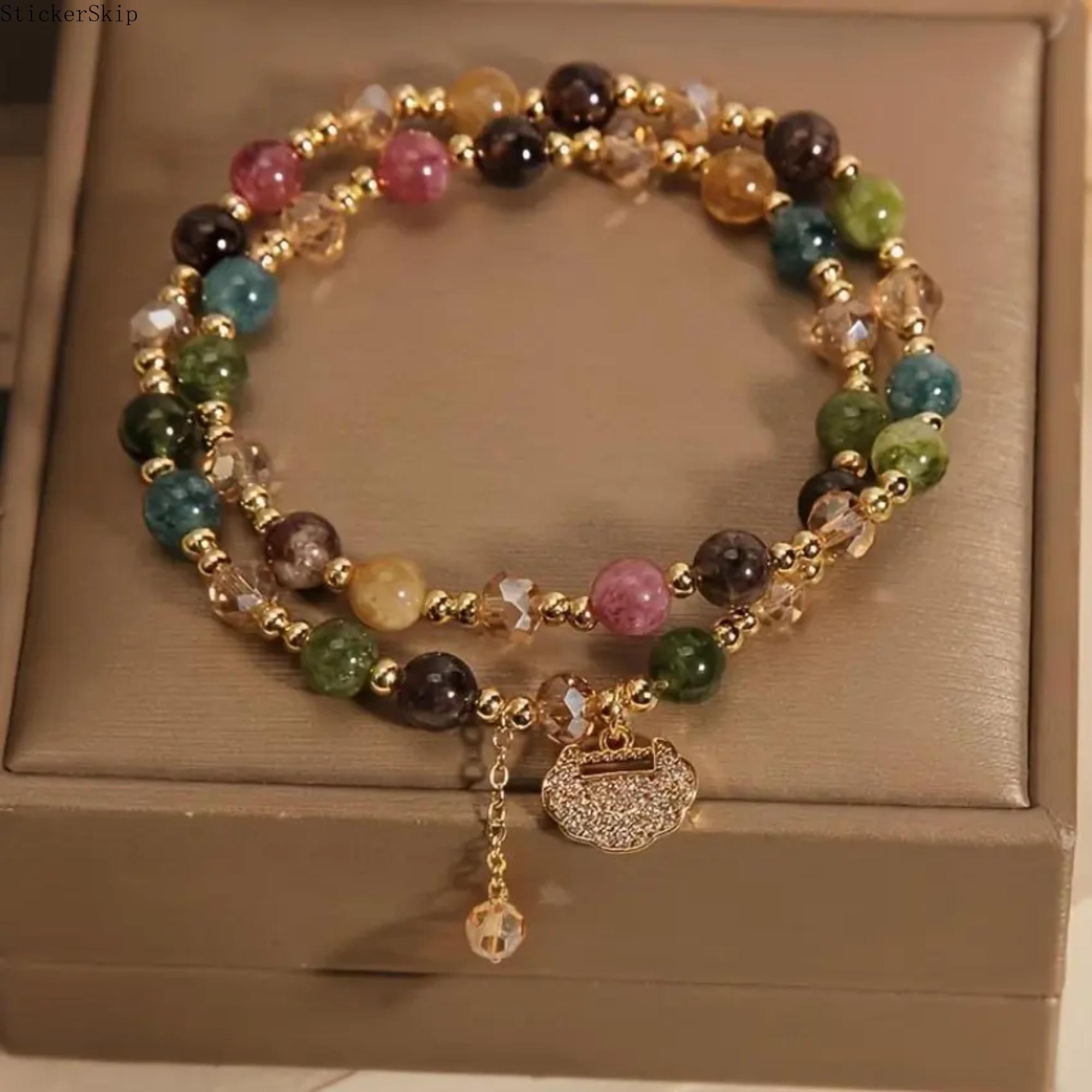 2026 NEW Double Layer Rainbow Tourmaline Round Bead Bracelet, Bohemian Jewelry for Daily Wear, Yoga, Gifting, Featuring Longevity Lock Charm, Color Design
