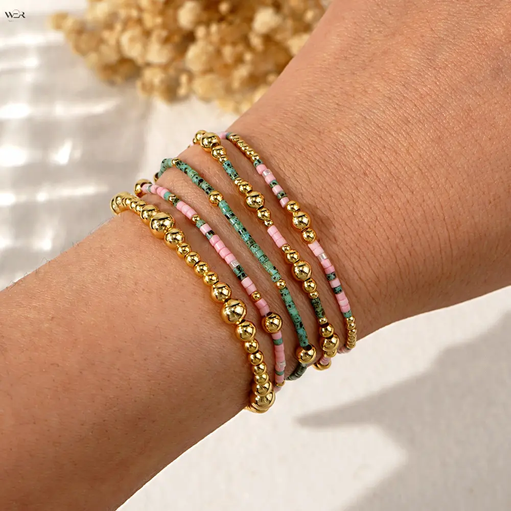 Women's 5Pcs Boho Layered Strands Stretch Bracelet Set - Pink Turquoise Seed Beads & Gold Ball Stackable Wrist Bands, Skin-Friendly Beads & Cord Jewelry for Women's Daily Beach Wear, Bracelets For Women, Stretch Fit