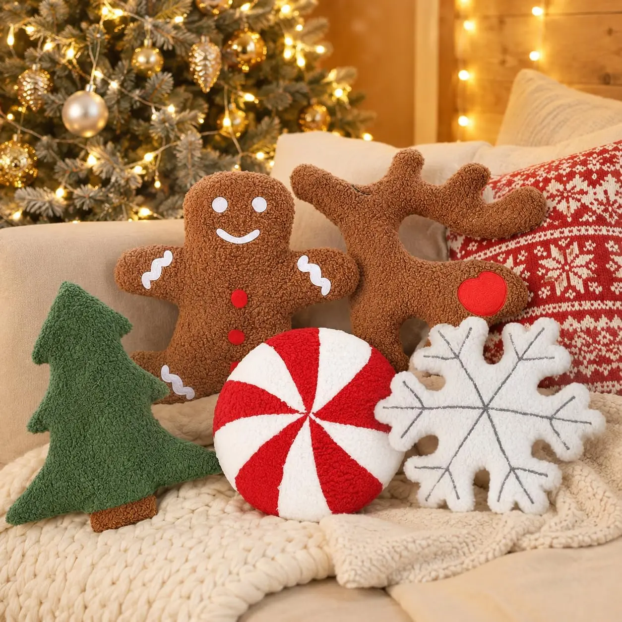 5 count Christmas Throw Pillows Cute Xmas Tree Candy Gingerbread Reindeer Snowflake Shaped Plush Pillow for Christmas Winter Holiday Party Outdoor Bedroom Cushion Decoration