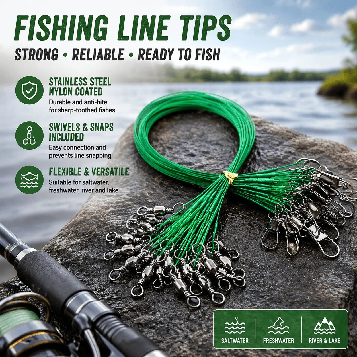 Professional Fishing Leader Line Kit with Swivel Snap, 30LB Strength Anti-Tangle Coated Wire for Saltwater Freshwater, 2 Color Options, High-Performance Tackle Accessory Fishing Gear