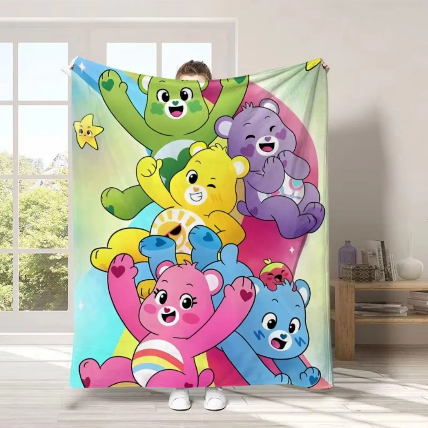 Cute Care Bears Cartoon Flannel Blanket, Colorful Character Print Soft Cozy Throw Blanket for Bedroom Sofa Bed, Warm Lightweight Home Decor Blanket, Kids Teens Gift, Cute Room Decoration Blanket for Birthday Christmas Holiday