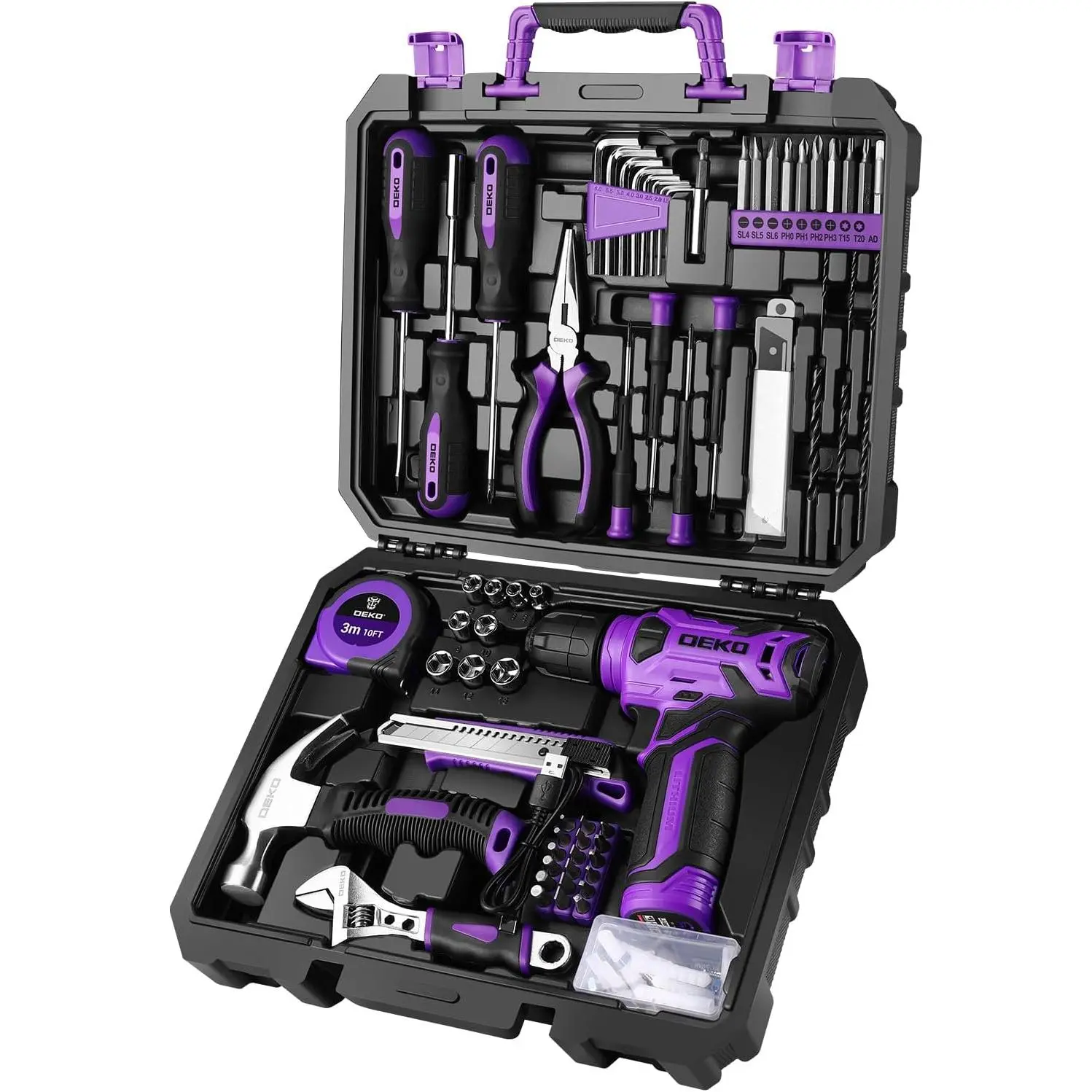 126-Piece Home Repair Tool Kit with 8V Cordless Drill, Hand Tools & Purple Storage Case for DIY Projects