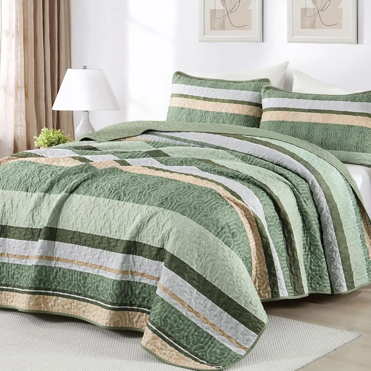 Green  Quilt Set, Boho Bedspread  Size, Striped Bedding Sets 3 count, Lightweight Soft Coverlet Bed Sets with 2 Pillow Shams 96"x90"