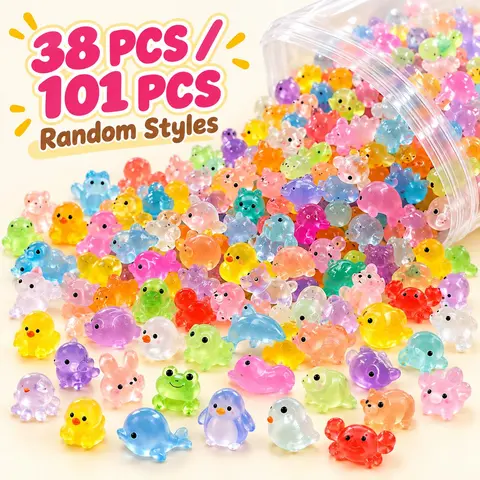 38pcs/101pcs Mini Glowing Animal Statues, Resin Decorative Statue, Random Mixed Style Colorful Semi-Transparent Animals, Cute Collectible Toys for Parties and Gifts