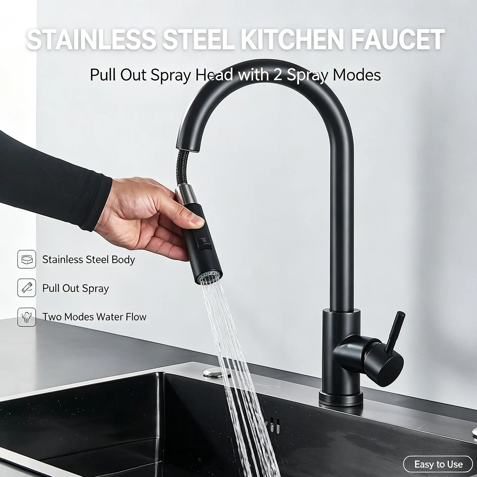 Stainless Steel Pull Out Kitchen Faucet, Kitchen Tap, 360° Swivel High Arc, 2 Modes Spray Head, Single Hole, Modern Sink Faucet for Farmhouse RV Bar Kitchen