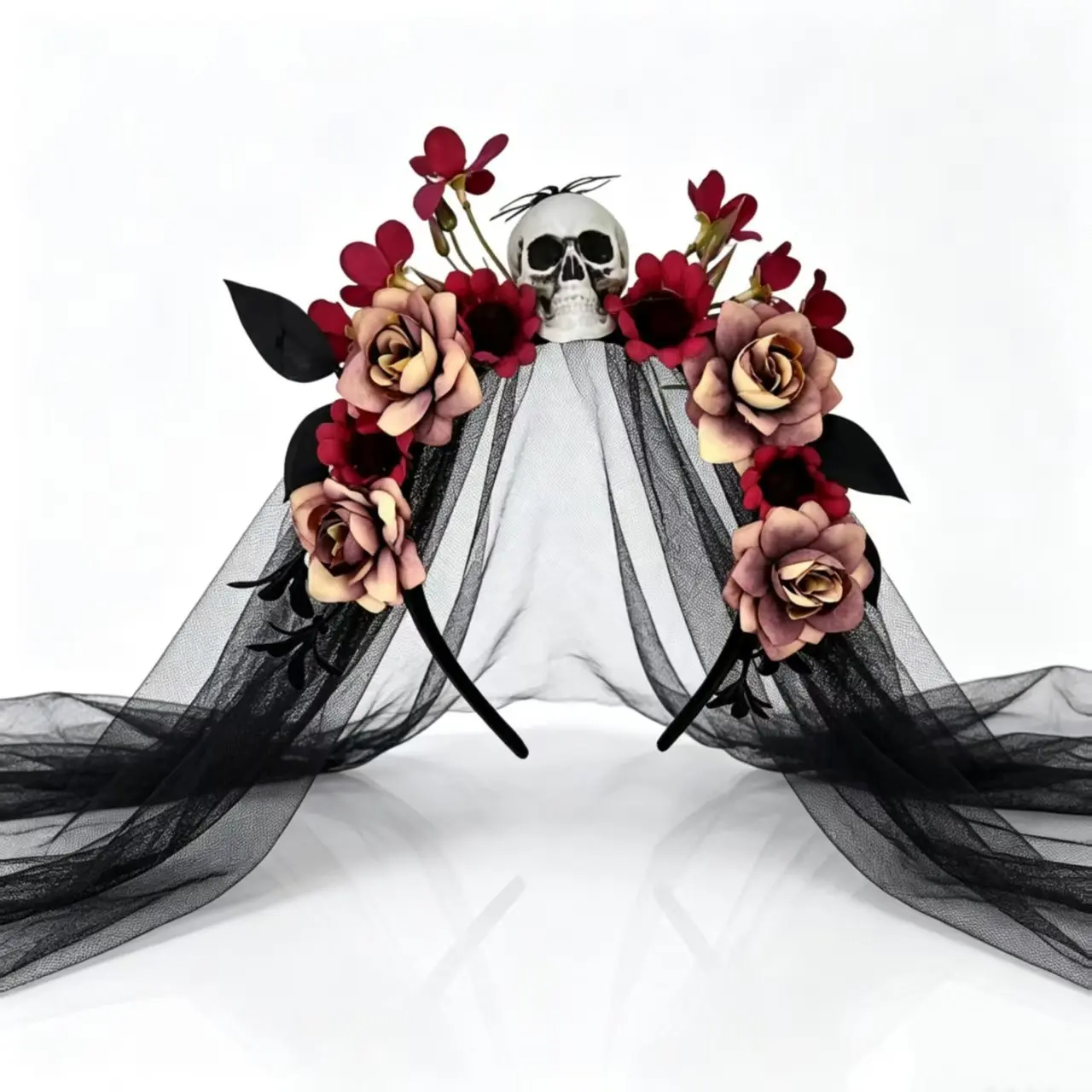 Halloween Skull Flower Veil Headband, Vintage Rose Net Headband, Halloween Cosplay Photo Props, Party Decoration
