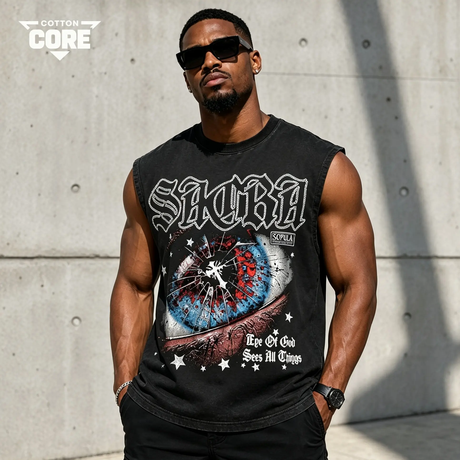 Men's Distressed Tank Top in Vintage Washed Cotton, Streetwear Eye Graphic Print, Casual Oversized Sleeveless Shirt for Gym, Fabric, Retro, Round Neck, Eye Of God, Eye Print