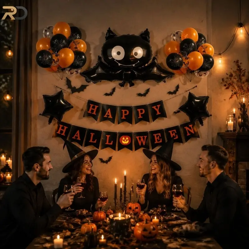 Halloween-themed Decoration Balloon Kit with A Spooky Fun Vibe, Black and Orange Balloons Paired with Letter Banners and Bat Stickers, Perfect for Shop Windows and Halloween Event Setups