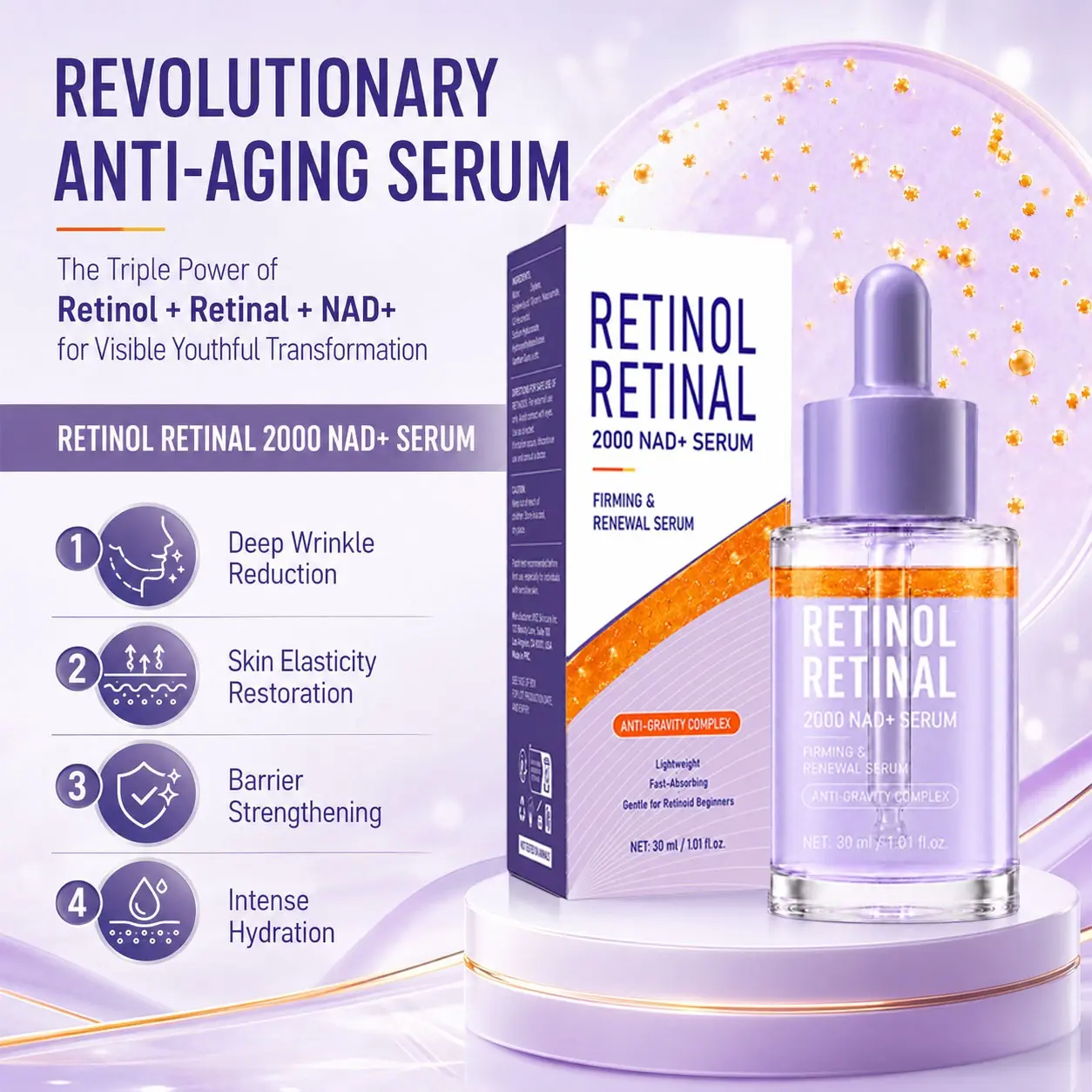 Retinol + Retinal Serum, Retinol 0.1% + Retinal 0.1% Anti-Aging Facial Serum, Anti-aging Care, NAD+ Barrier Support, Lightweight Retinol Serum For Face, 30ml