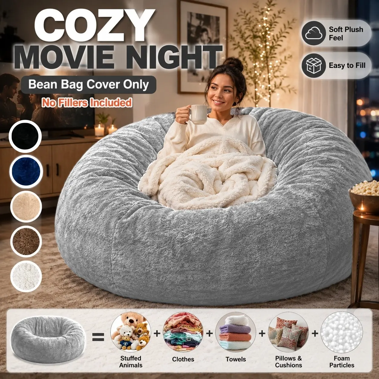 Giant Bean Bag Chair Cover, Soft Plush Oversized Bean Bag Sofa Bed Cover with Zipper Opening, Portable Lazy Sofa Cover for Adults & Kids, Filling Not Included, Easy to Fill, Gray Floor Lounger for Bedroom, Living Room, Dorm, Tatami