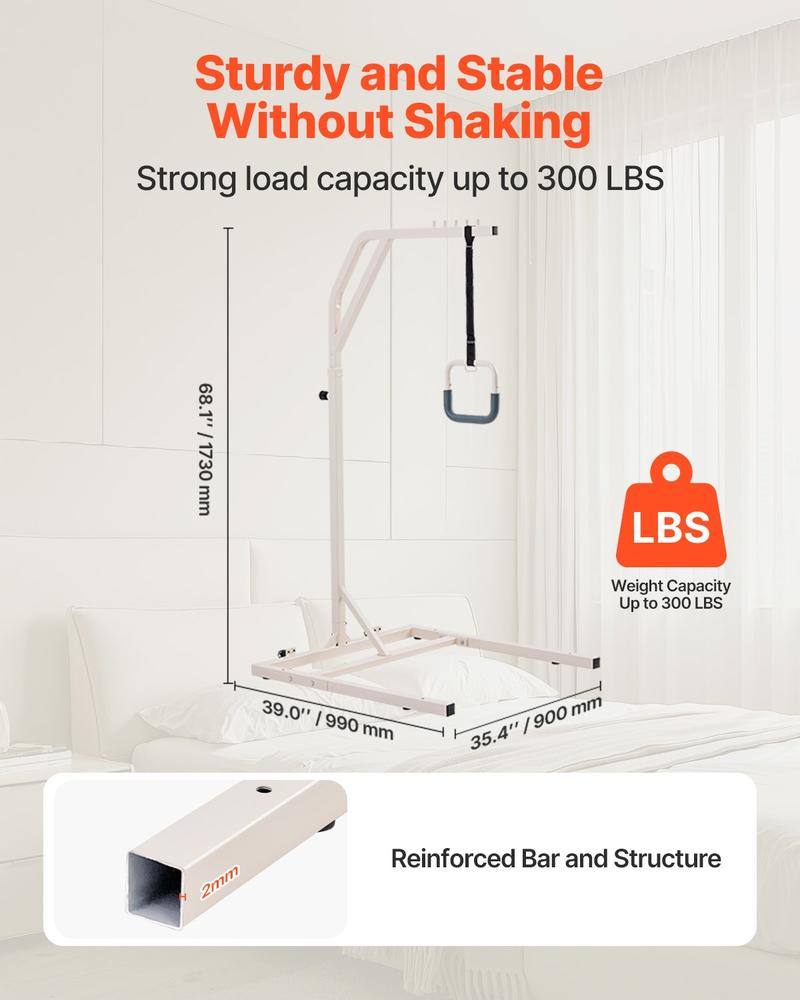 VEVOR Trapeze Bar for Bed Mobility, Height-Adjustable Free Standing Trapeze Bar with 2 Wheels, 300LBS Capacity Bed Pull Up Assist for Elderly Disabled, Ideal for Hospital, Nursing Home & Home Care