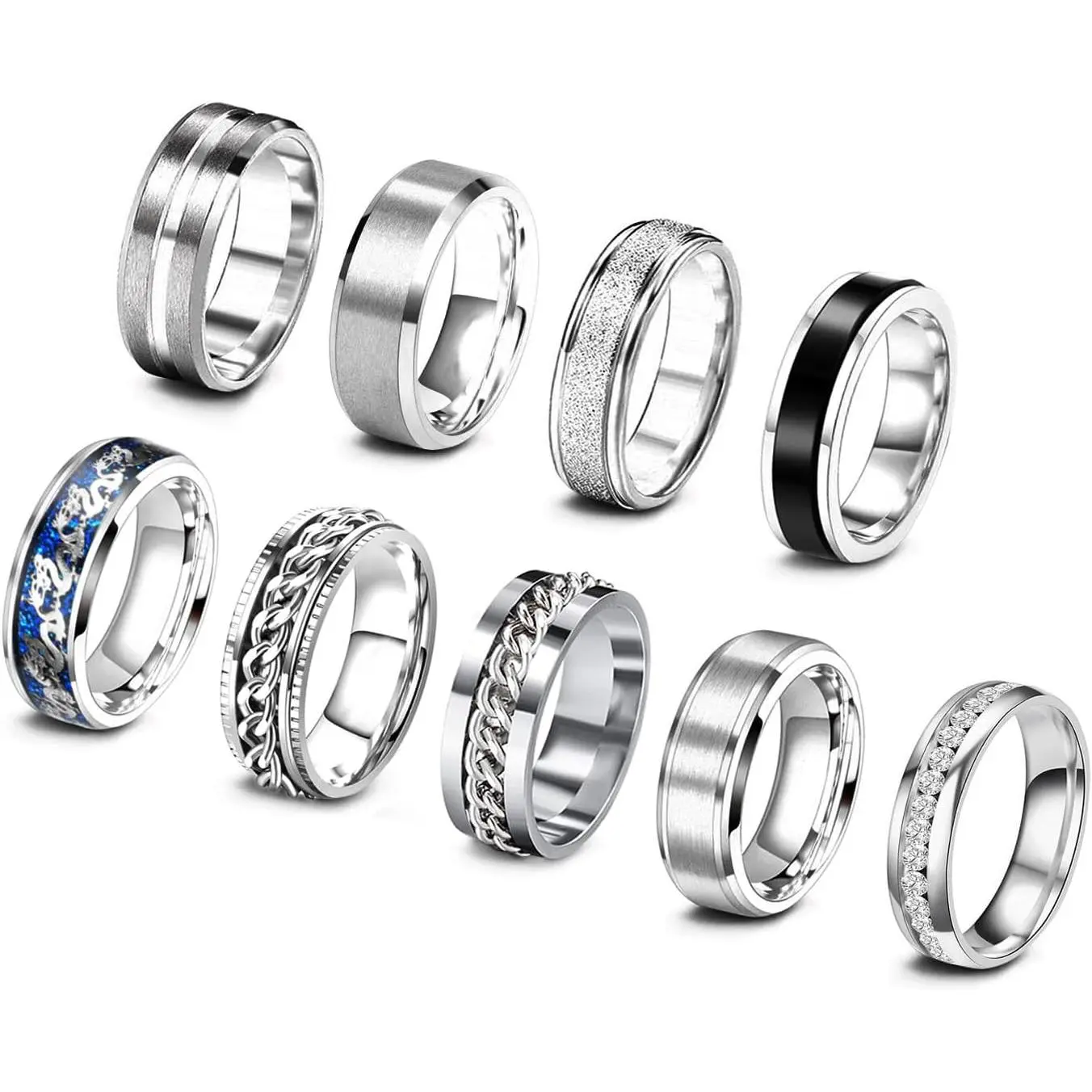9Pcs Stainless Steel Band Rings for Men Women Cool Fidget Spinning Chain Ring Anxiety Relief Fashion Simple Wedding Engagement Black Ring Setfidget toys