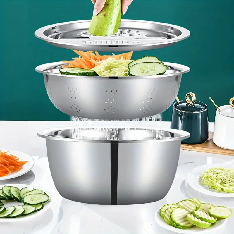 Stainless Steel Camp Kitchen Cooking Utensils Set - Integrated Grinder, Multi-Purpose Kitchen Colander, Drainage System Mixing Bowl, Food-Safe for Cleaning, Slicing Fruits/Vegetables/Cheese, Camping & Home Use, Household Kitchen Supplies, Camping Enthusia