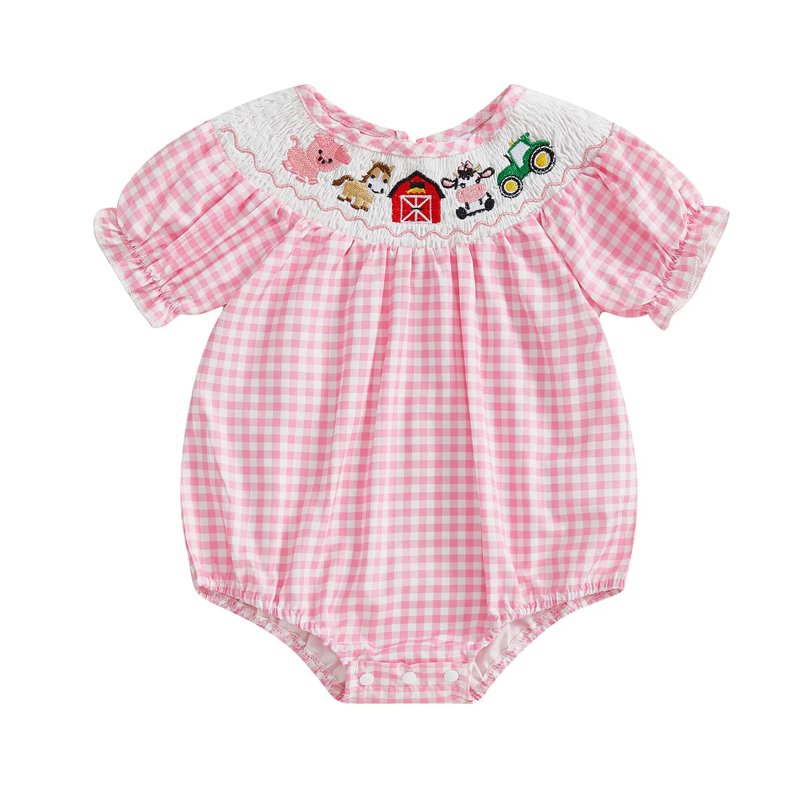 Infant Baby Girl Smocked Romper Short Sleeve Bubble Bodysuit Summer Clothes Plaid Cute Animal Embroidery Jumpsuit Clothes 0-24M