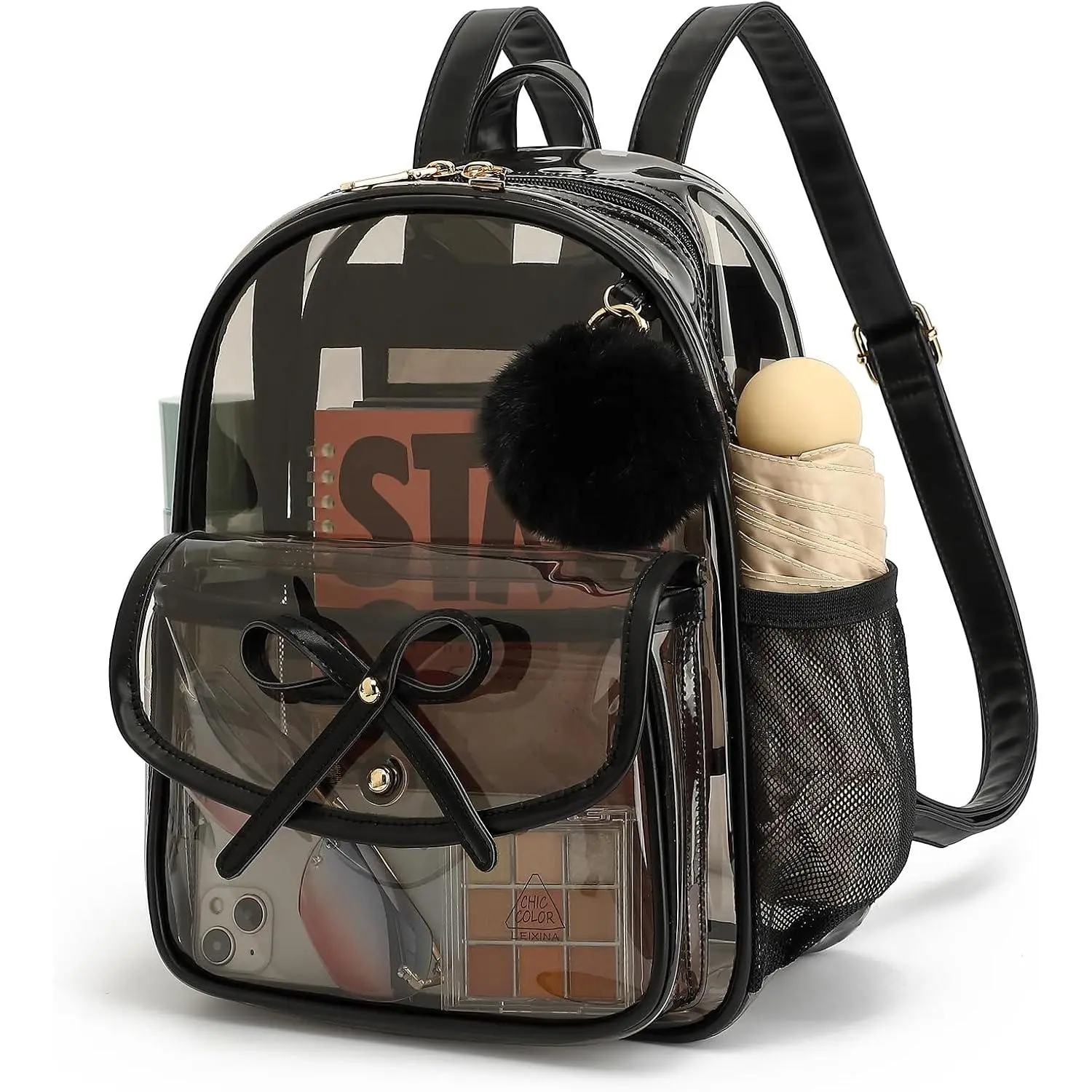Clear Backpack for Stadium Events 12x12x6, Thick PVC Small Clear Bag with Leather Trim Fashion Women Backpack