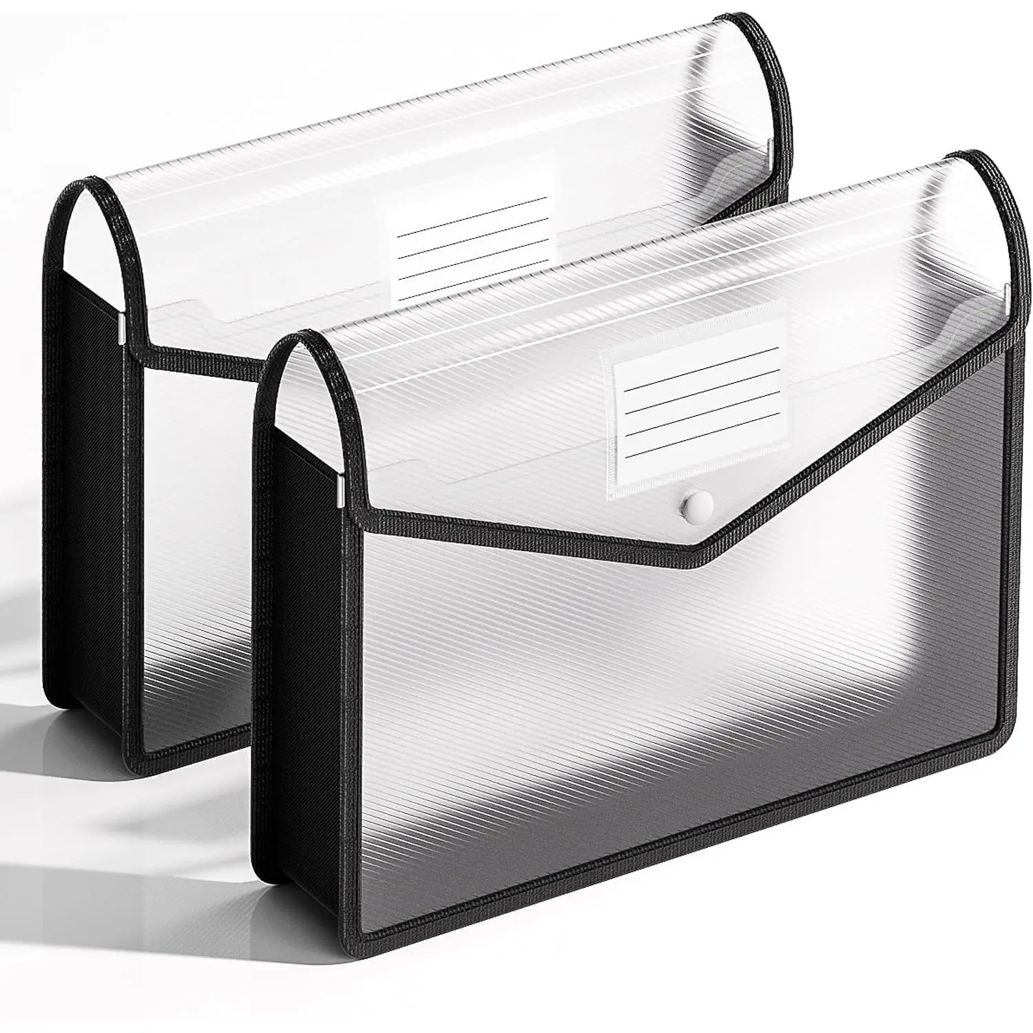 2 Pack Plastic Expanding File Folder, Transparent envelopes with Snap Closure, Fit Letter/A4 Size for School/Office//, No Dividers, Large Capacity(Black)
