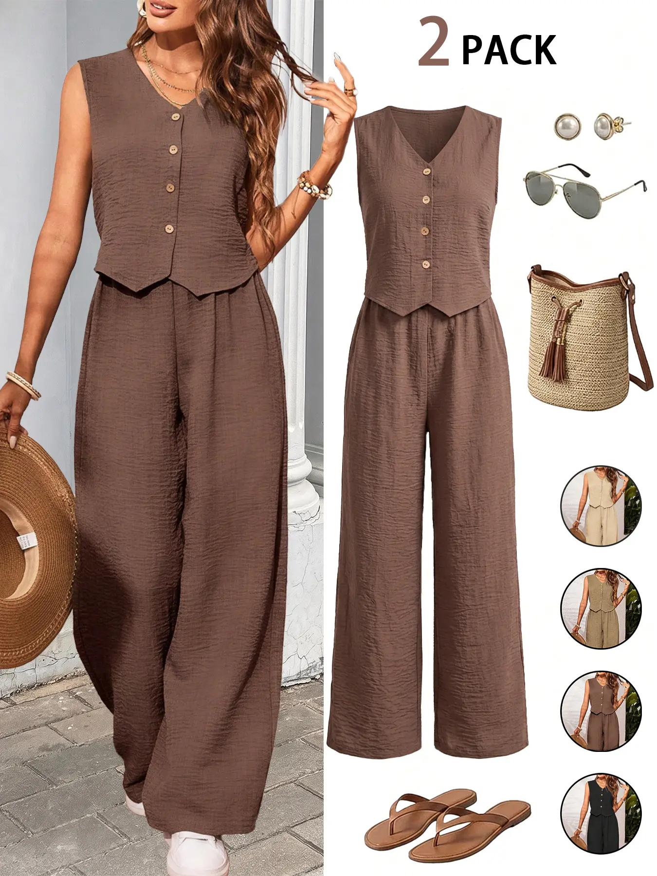 2pcs Women's Casual Button Front Loose Sleeveless Top and Elastic Waist Pants Set,  Vacation Casual Solid Color Tank Top And Pants Matching Set，Comfortable and Stylish for Daily Wear, Perfect for Relaxing Days，Summer Holiday Resort Clothes